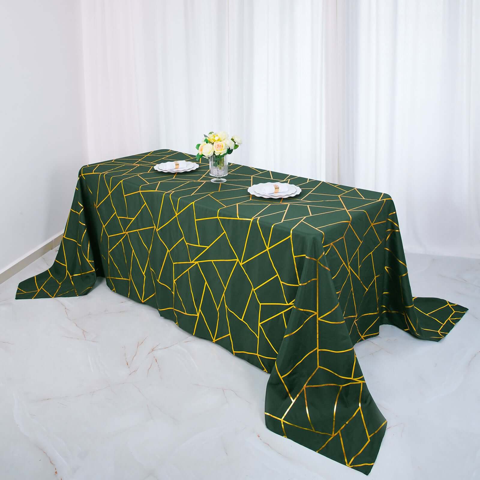 Polyester 90x156 Rectangle Tablecloth Hunter Emerald Green Seamless with Gold Foil Geometric Pattern - Wrinkle-Resistant Seamless Table Cover for Sophisticated Events