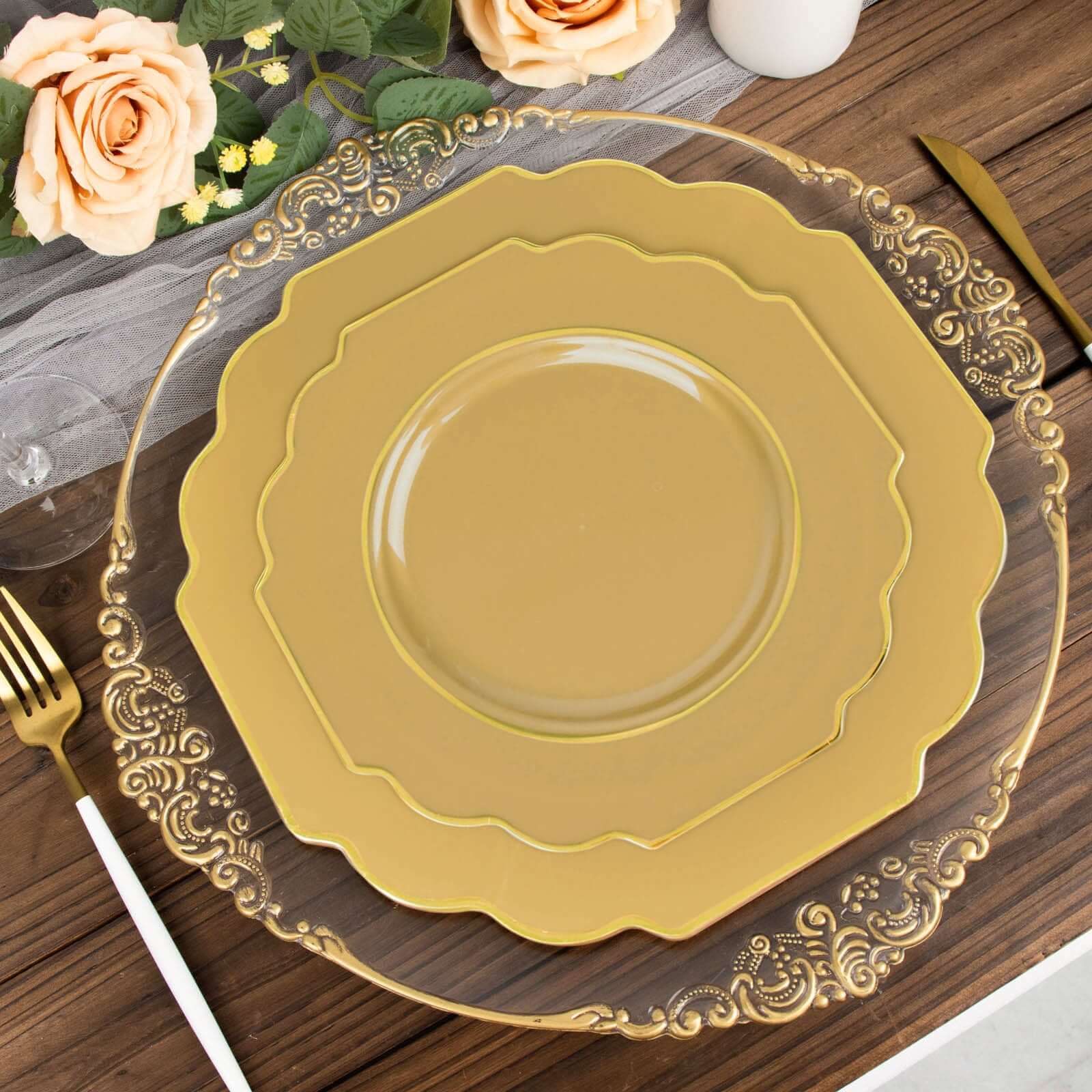 10-Pack Plastic Dessert Appetizer Plates in Gold Baroque Design with Scalloped Gold Rim - Heavy Duty Disposable Salad Plates 8