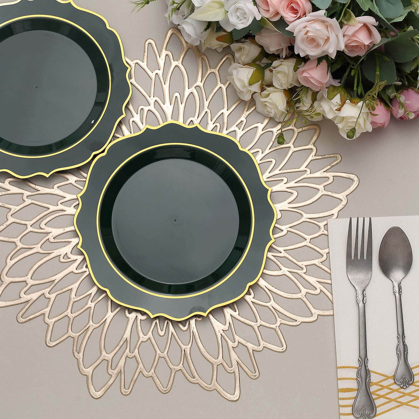 10-Pack Plastic 8 Round Desert Plates in Hunter Emerald Green with Gold Scalloped Rim - Disposable Appetizer/Salad Plates