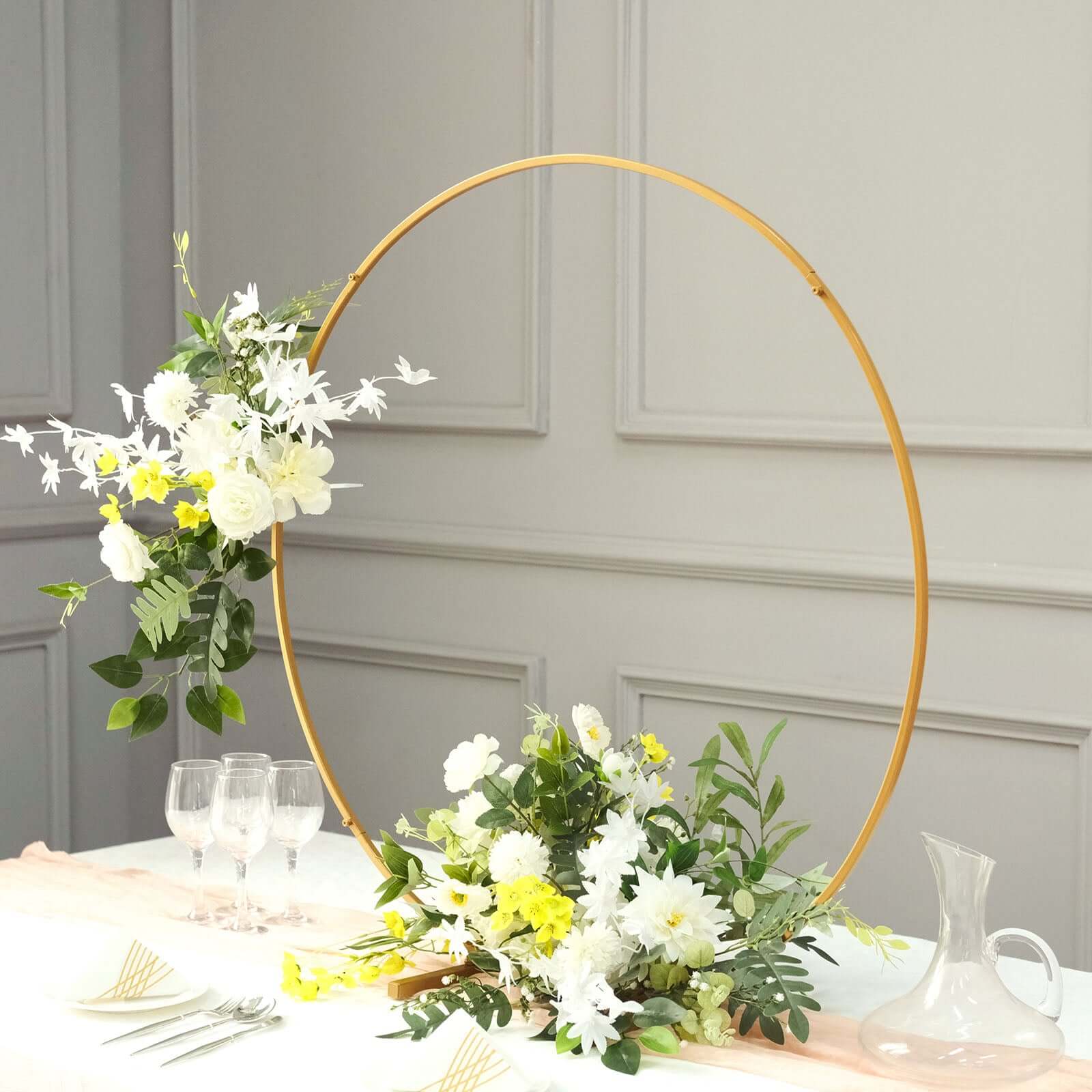 36 Gold Metal Round Hoop Wedding Centerpiece, Self Standing Table Floral Wreath Frame