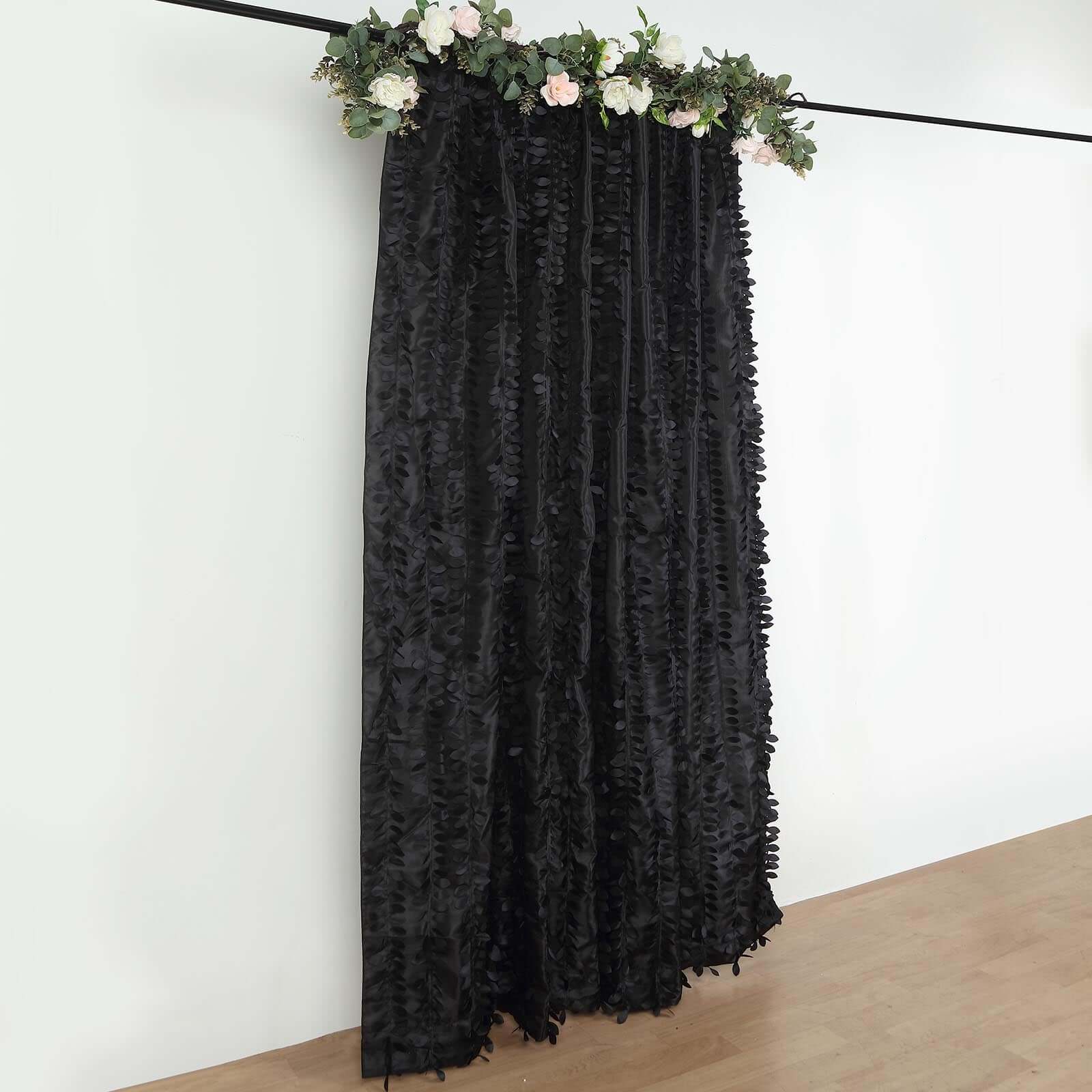 8ftx8ft Black 3D Leaf Petal Taffeta Event Curtain Drapes, Backdrop Event Panel With Rod Pocket