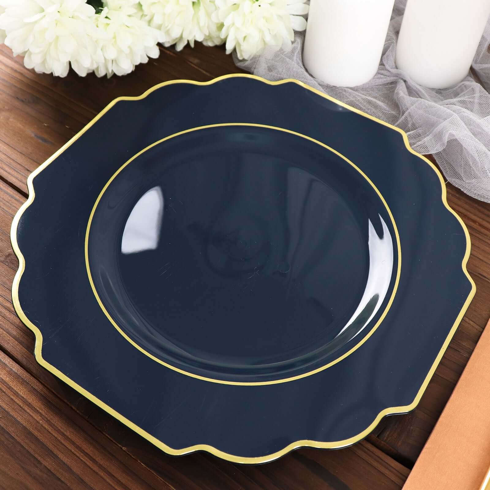 10-Pack Plastic Dinner Plates in Navy Blue Baroque Design with Scalloped Gold Rim - Heavy Duty Disposable Party Plates 11