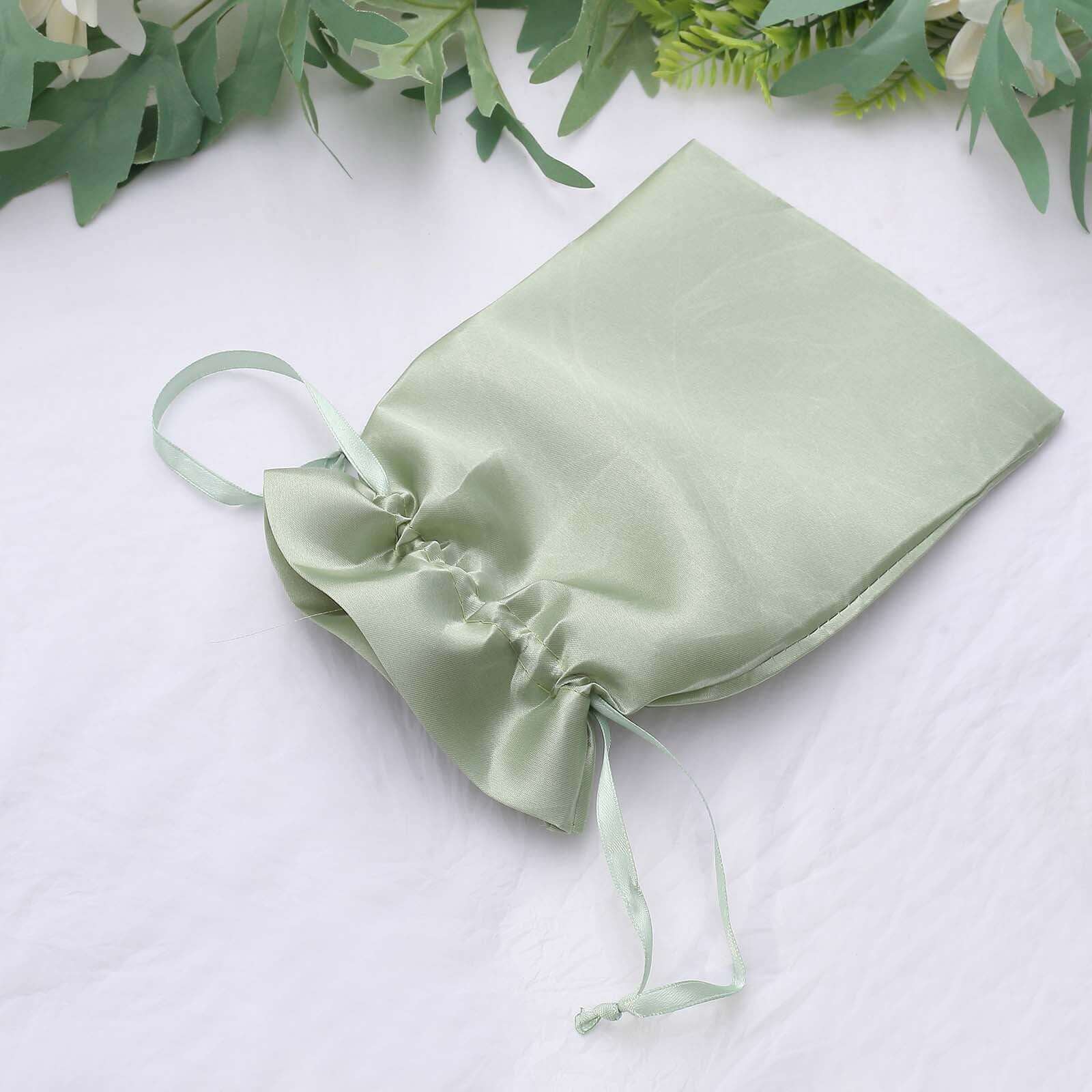 12 Pack 6x9 Sage Green Satin Wedding Party Favor Bags, Drawstring Pouch Gift Bags