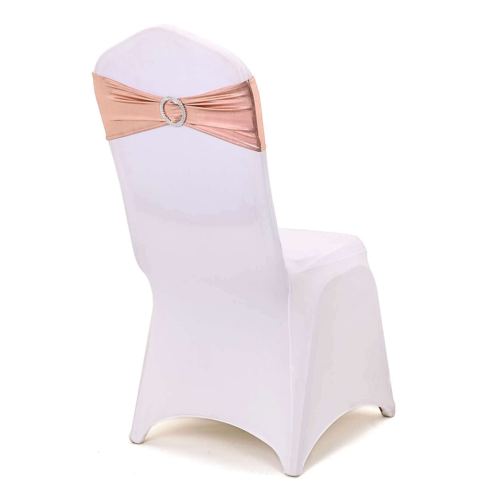 5 Pack Metallic Spandex Chair Sashes Blush - Stretch Fit Chair Bands With Round Diamond Buckles