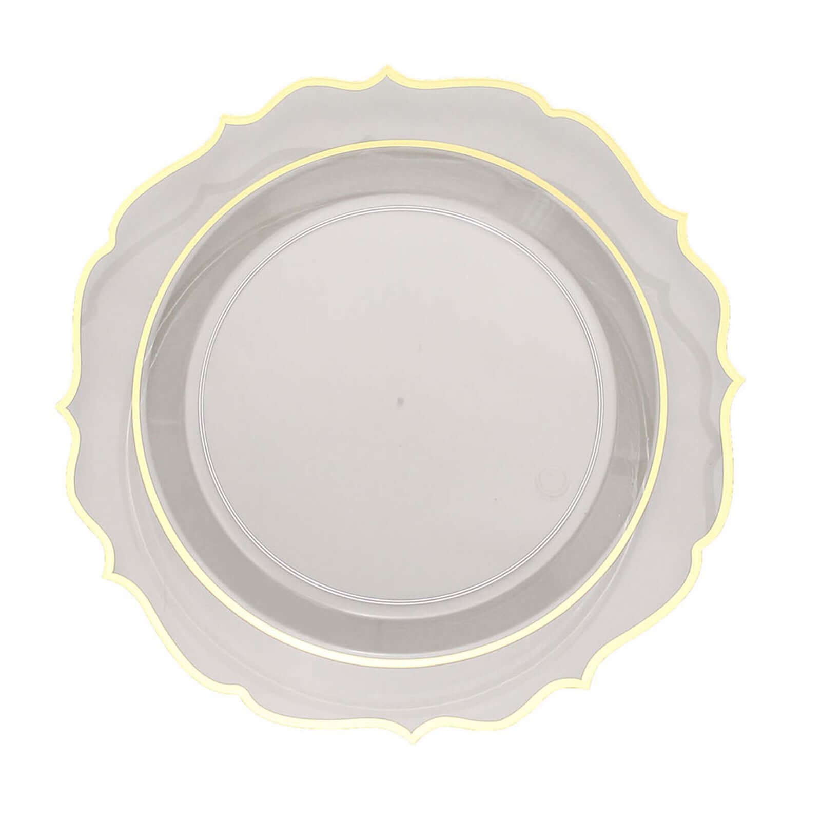 10-Pack Plastic 10 Round Dinner Plates in Clear with Gold Scalloped Rim - Disposable Party Plates