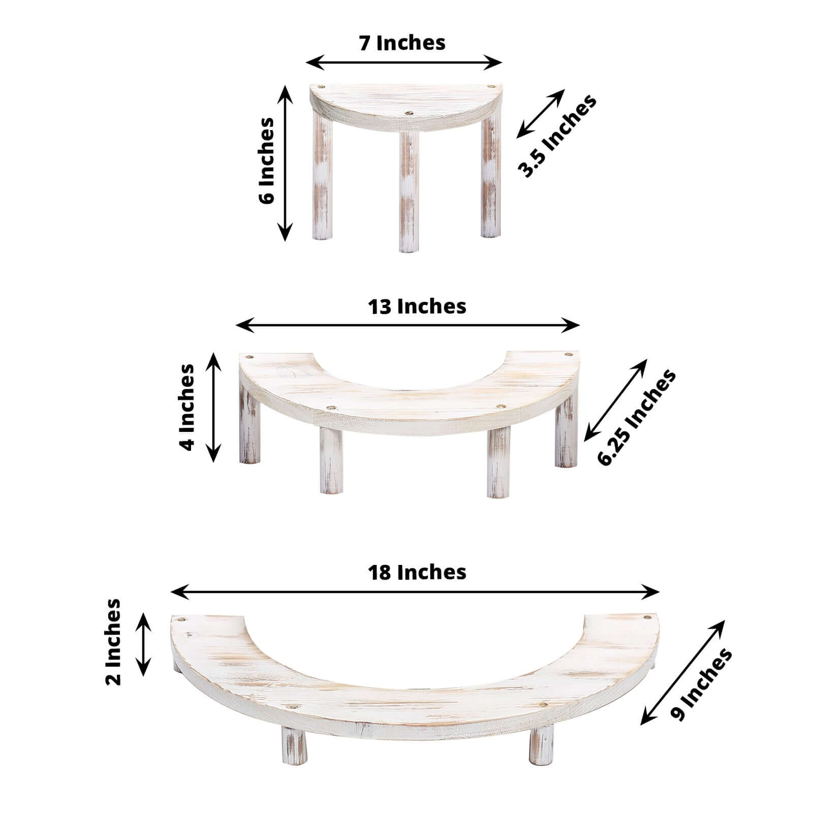 Set of 3 Wooden Dessert Pedestals Rustic Whitewashed 3-Tier Semicircle Design - Half Moon Cupcake Display Risers 7, 13, 18