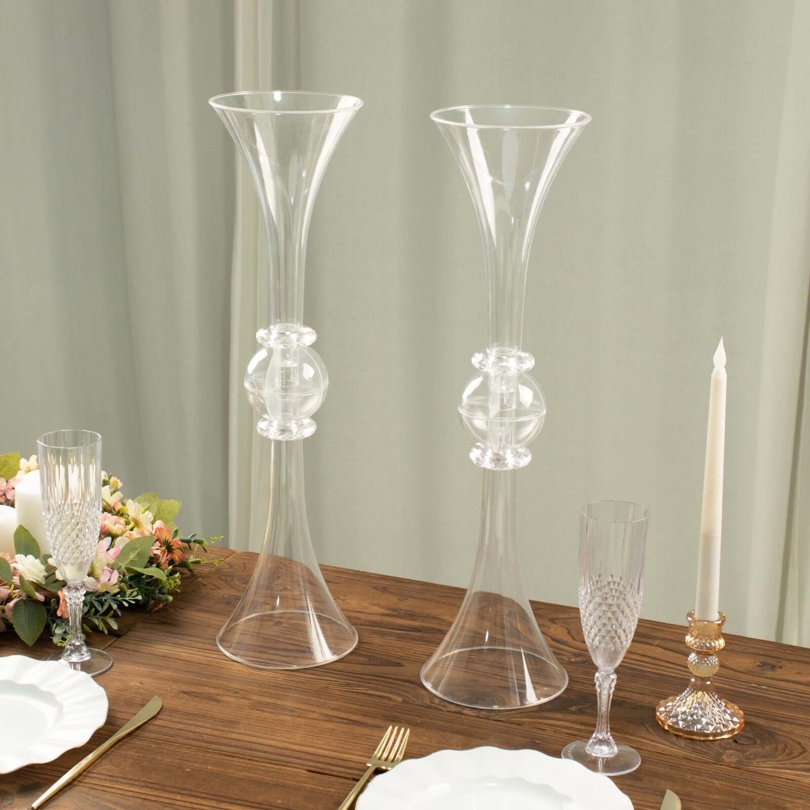2-Pack Flower Vases Trumpet Design with Crystal Embellishments Clear - Reversible Plastic Table Centerpieces 21