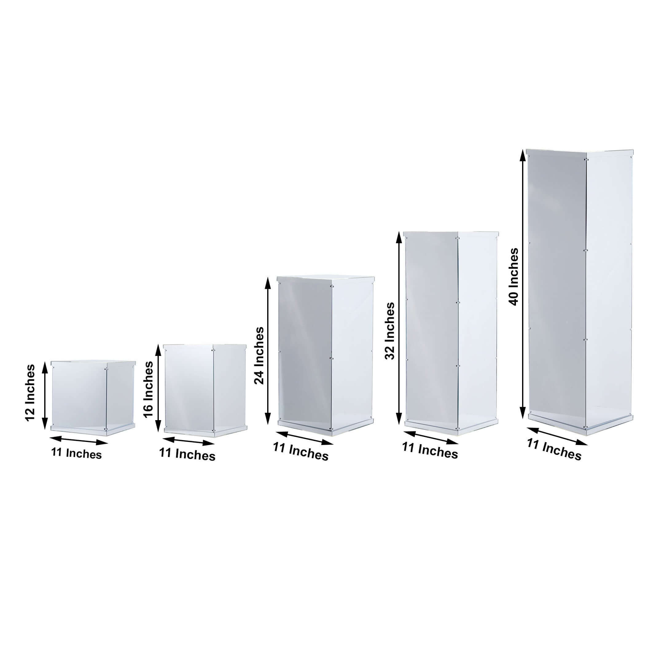 Set of 5 Silver Mirror Finish Acrylic Display Boxes, Pedestal Risers with Interchangeable Lid and Base - 12,16,24,32,40