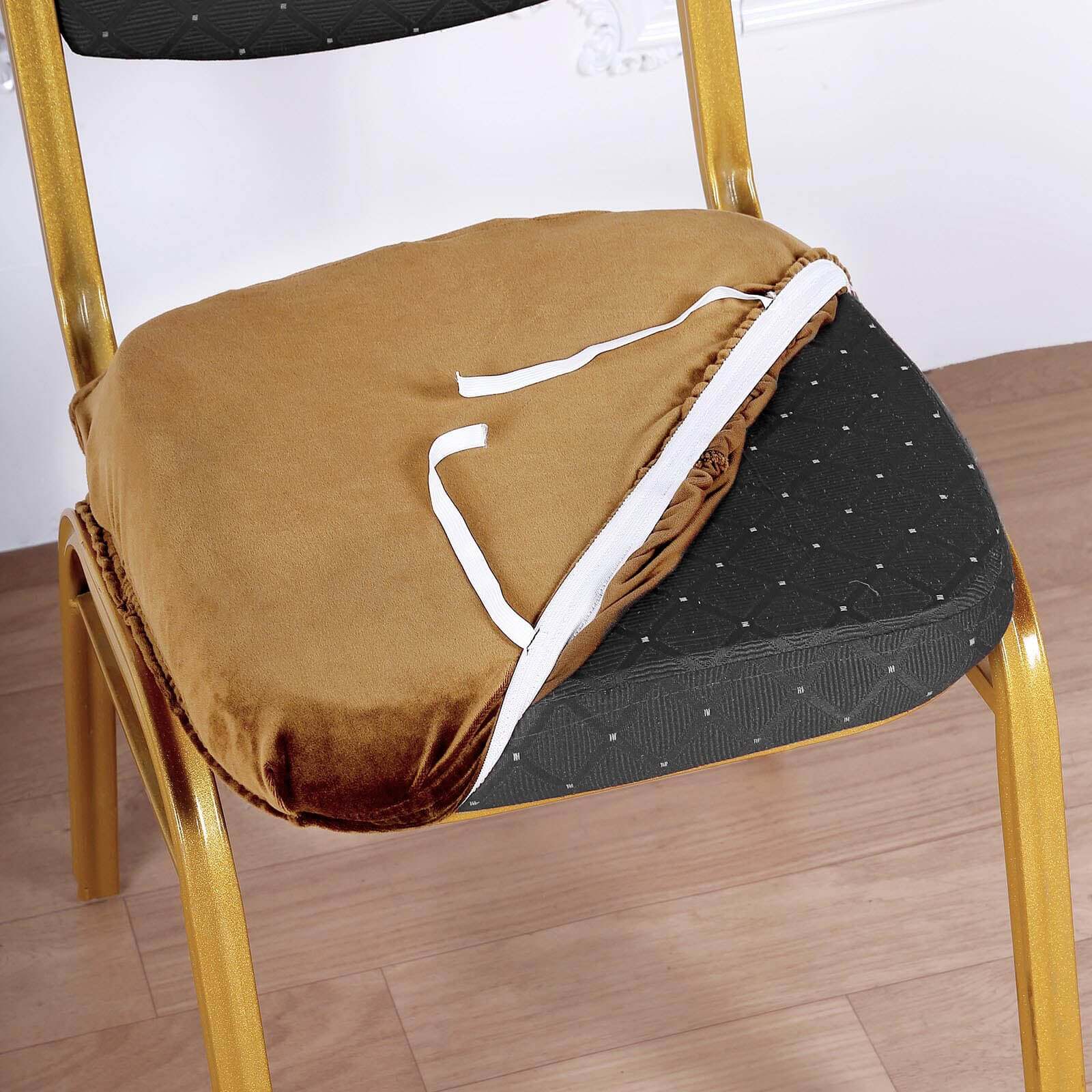 Velvet Chair Cushion Protector Stretch with Tie for Dining Chairs Gold - Durable Cover for Formal Gatherings