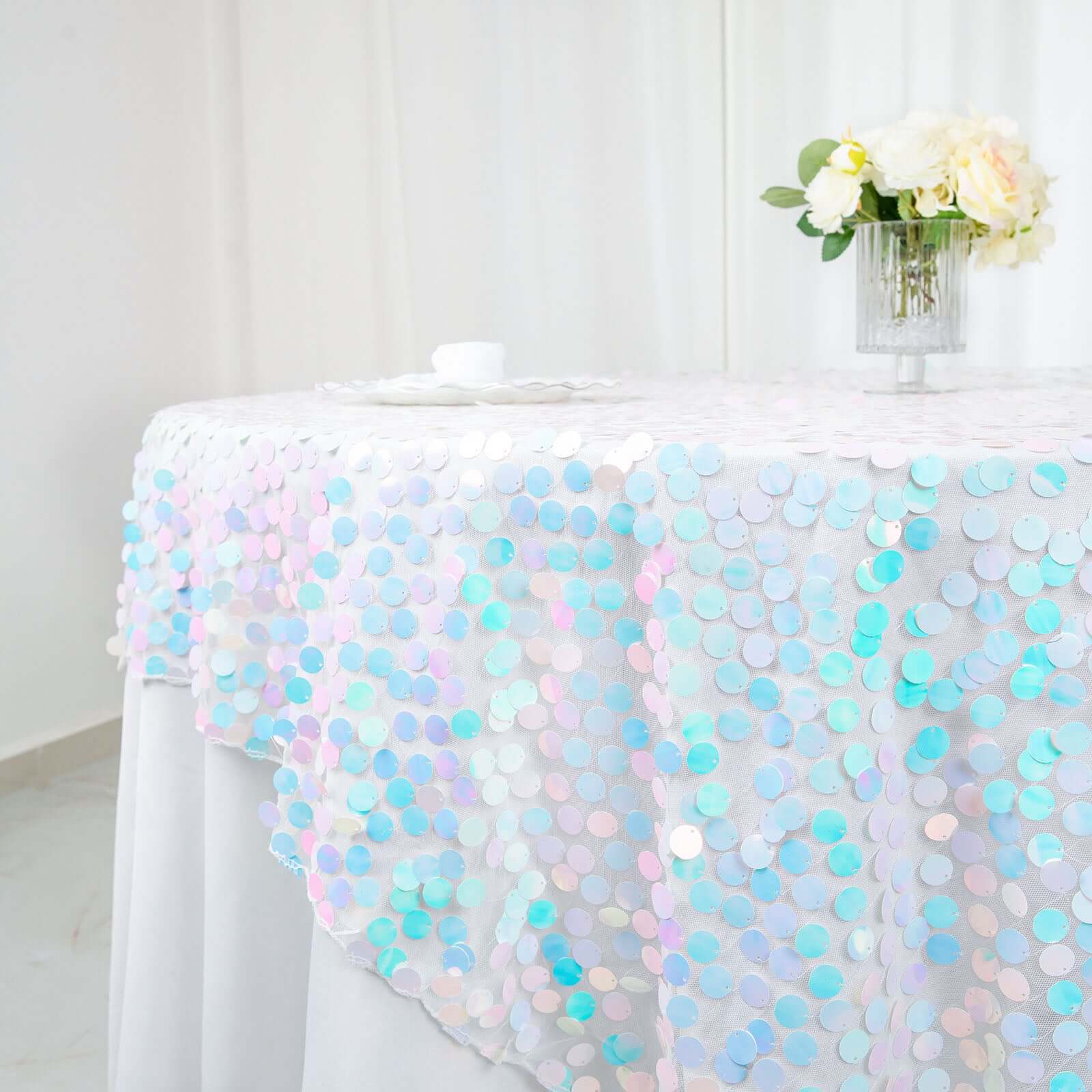 Sequin 72x72 Table Overlay Square Tablecloth Iridescent Blue - Big Payette Table Cover