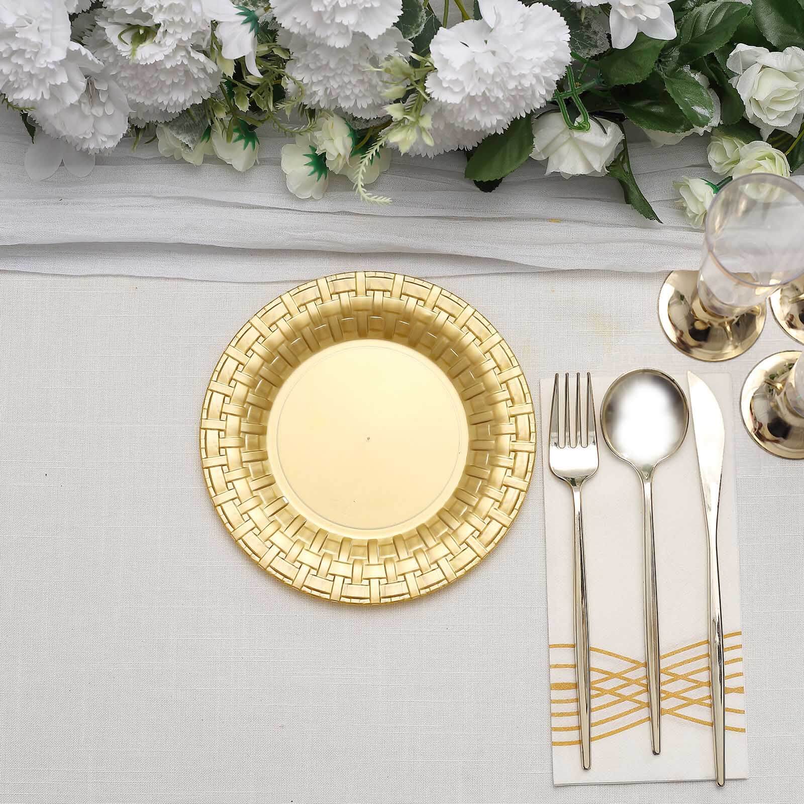 10 Pack 7 Gold Basketweave Rim Plastic Salad Dessert Plates, Round Disposable Appetizer Plates