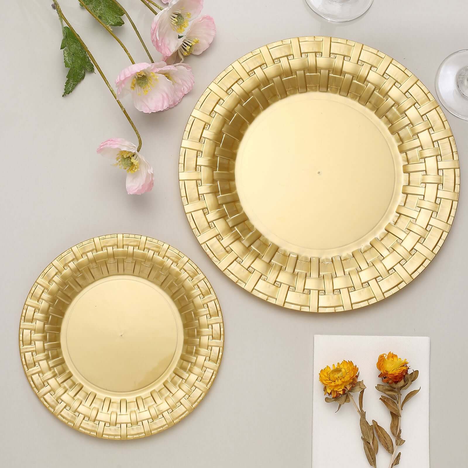 10 Pack 7 Gold Basketweave Rim Plastic Salad Dessert Plates, Round Disposable Appetizer Plates