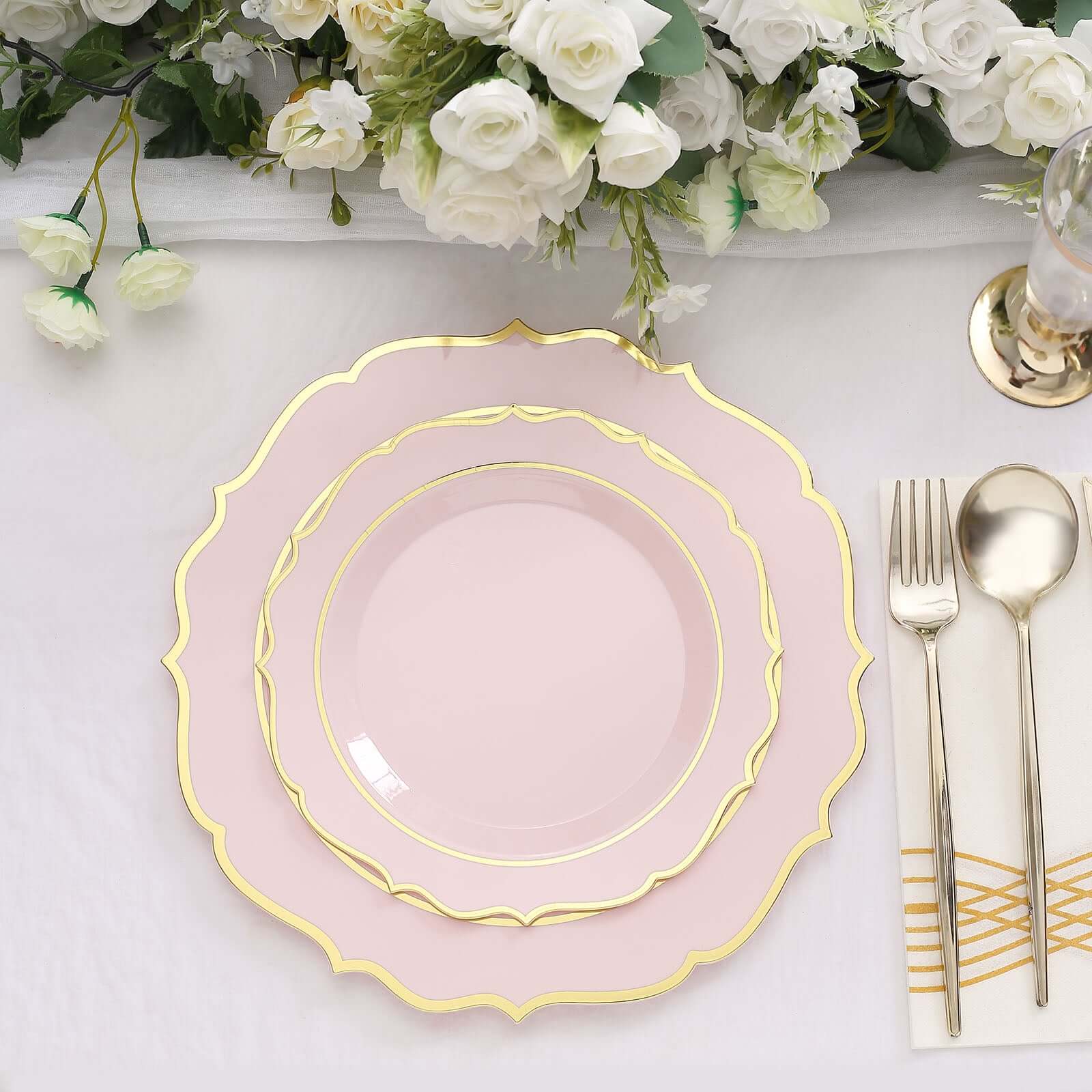 10-Pack Plastic 10 Round Dinner Plates in Blush with Gold Scalloped Rim - Disposable Party Plates