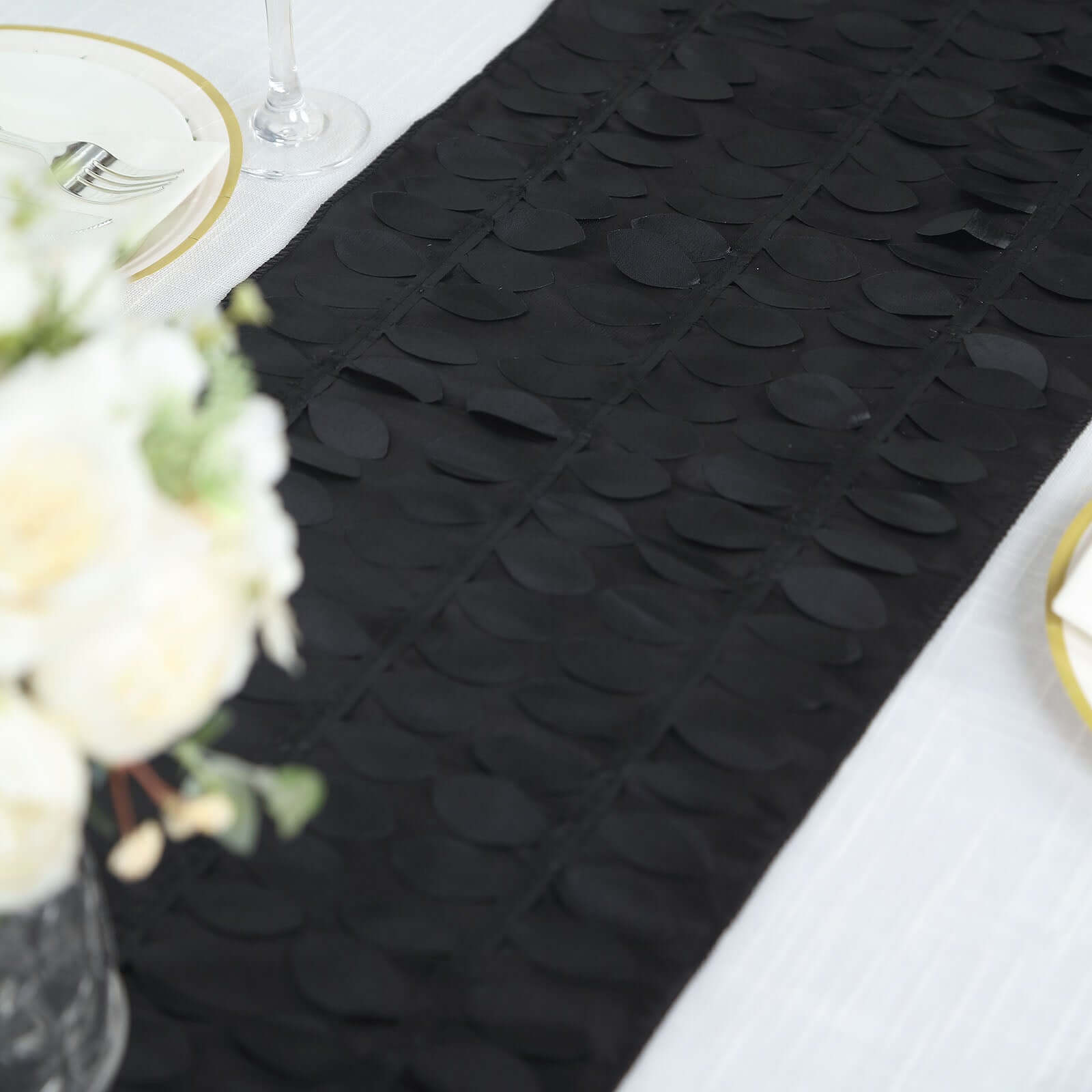 Taffeta Fabric 12x108 Table Runner Black - 3D Leaf Petal Design