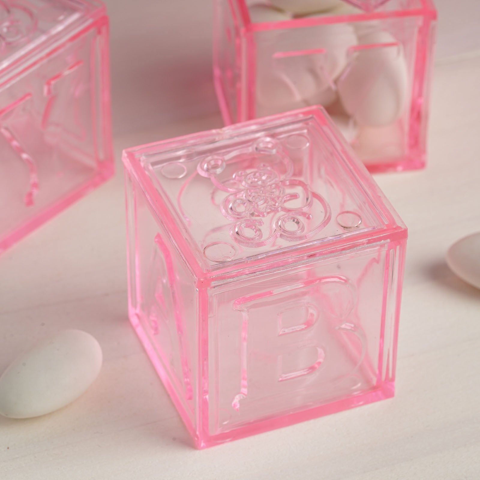 12 Pack 2 Pink Fillable Plastic Baby Shower Candy Gift Boxes, Transparent Baby Blocks Favor Boxes