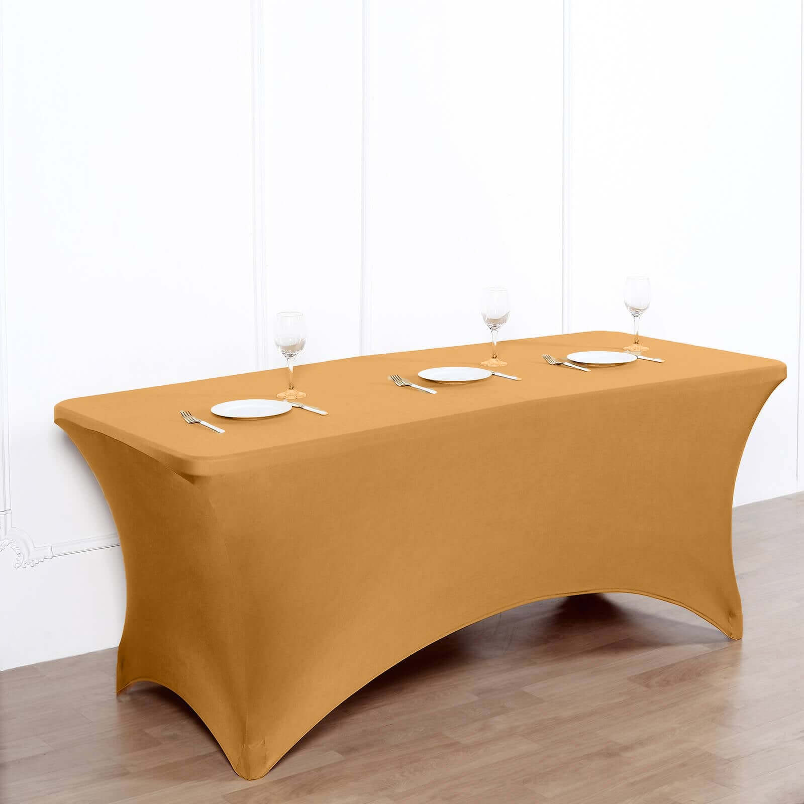 Stretch Spandex 96x30 Rectangle Table Cover Gold - Durable Form-Fitting Tablecloth for Events & Presentations
