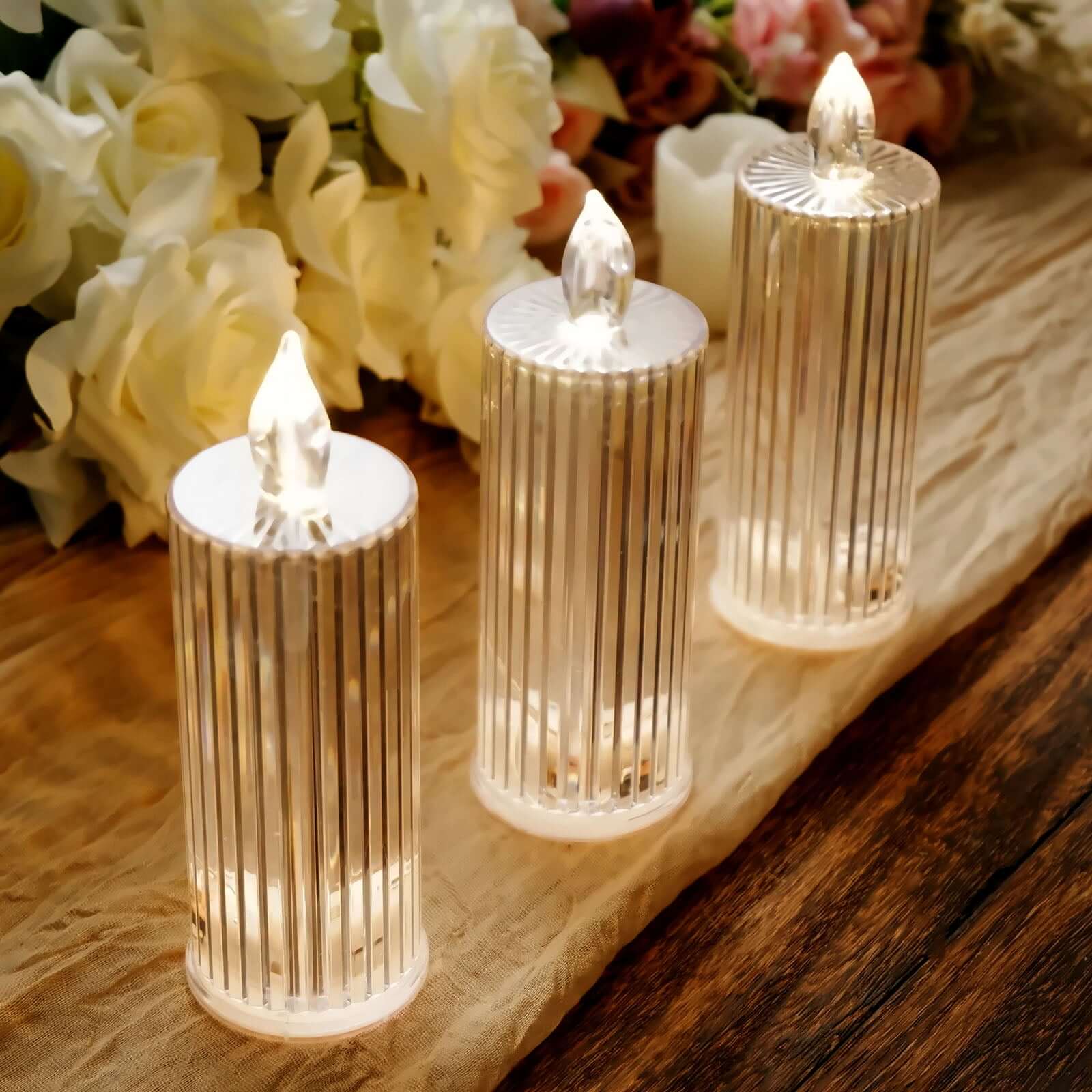 3-Pack LED Flameless Candle Lamps Diamond Acrylic Design Clear Warm White - Battery Operated Pillars 6