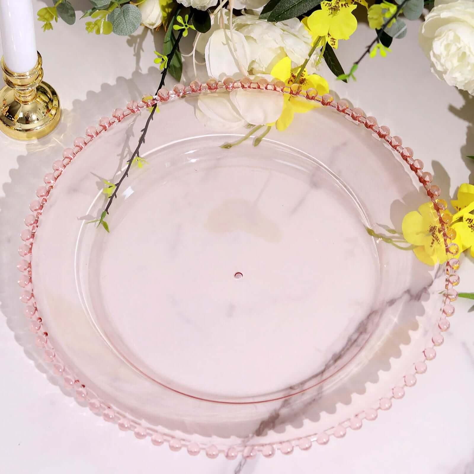 6-Pack Acrylic Round Charger Plates 13 in Transparent Blush with Beaded Rim, Decorative Dinner Party Serving Plates