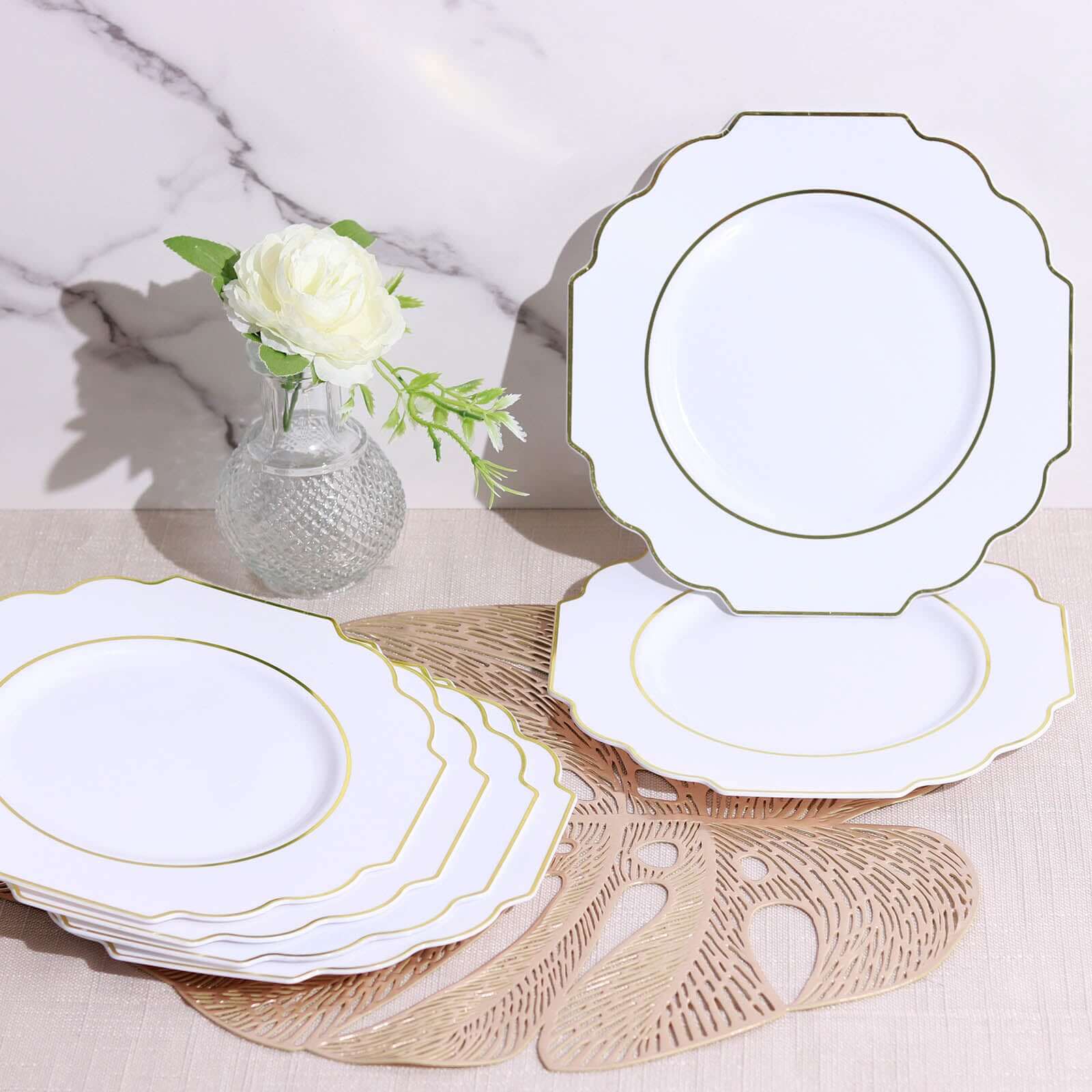 10-Pack Plastic Dessert Appetizer Plates in White Baroque Design with Scalloped Gold Rim - Heavy Duty Disposable Salad Plates for Formal Events & Banquets 8