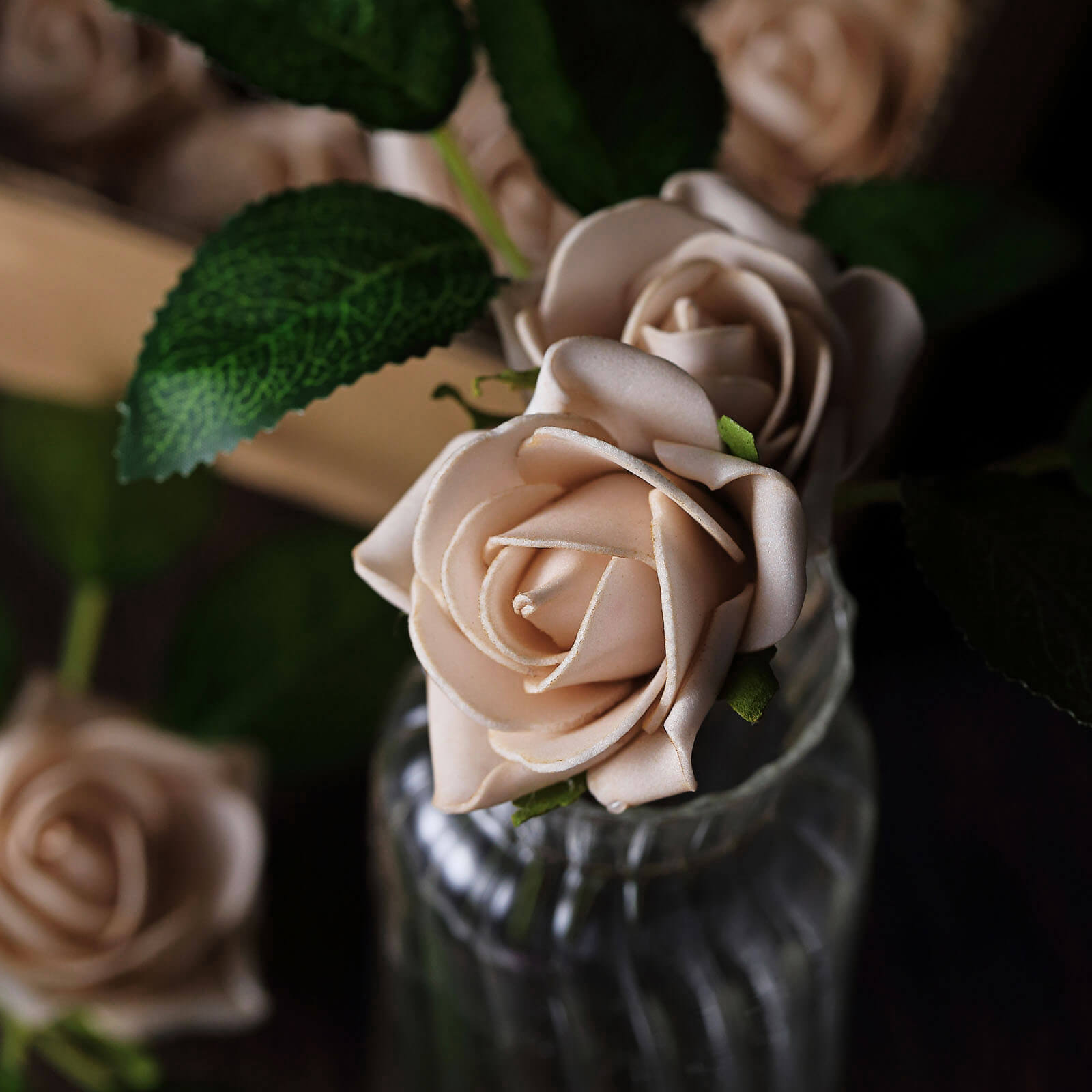 24 Roses 2 Champagne Artificial Foam Flowers With Stem Wire and Leaves