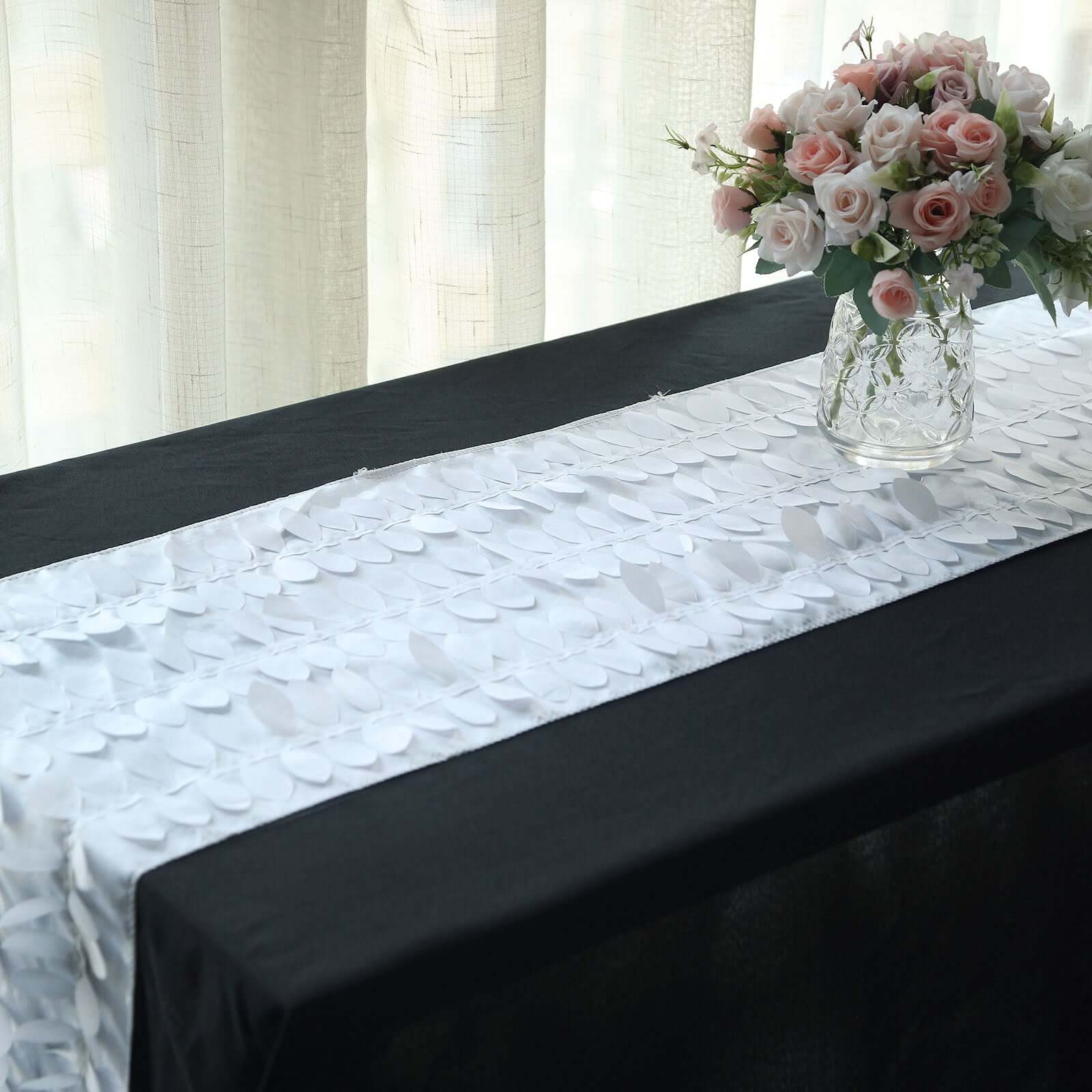 Taffeta Fabric 12x108 Table Runner White 3D Leaf Petal - Stylish Wedding Decor