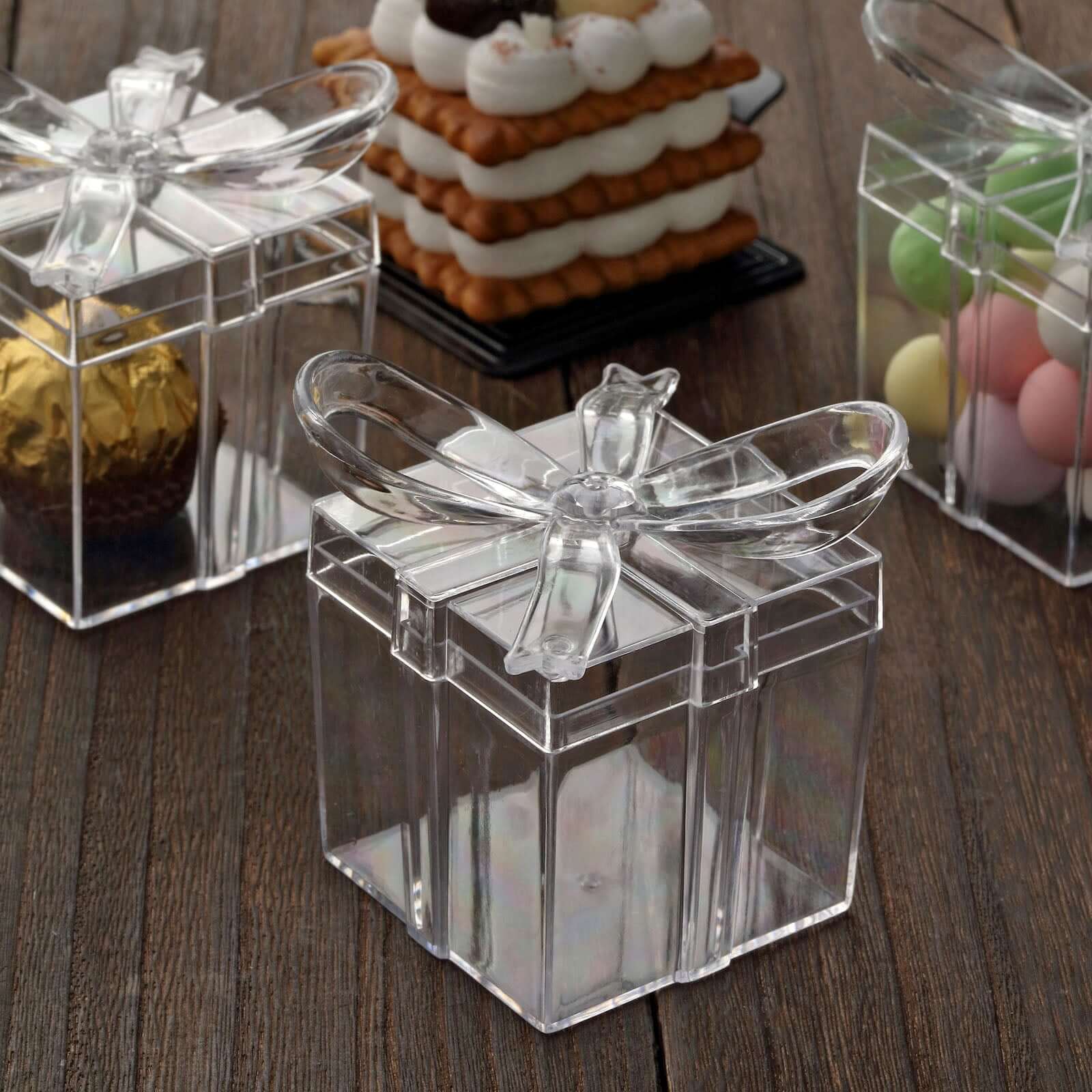 12 Pack 3 Square Clear Bow Top Plastic Party Favor Boxes, Transparent Candy Container Gift Boxes