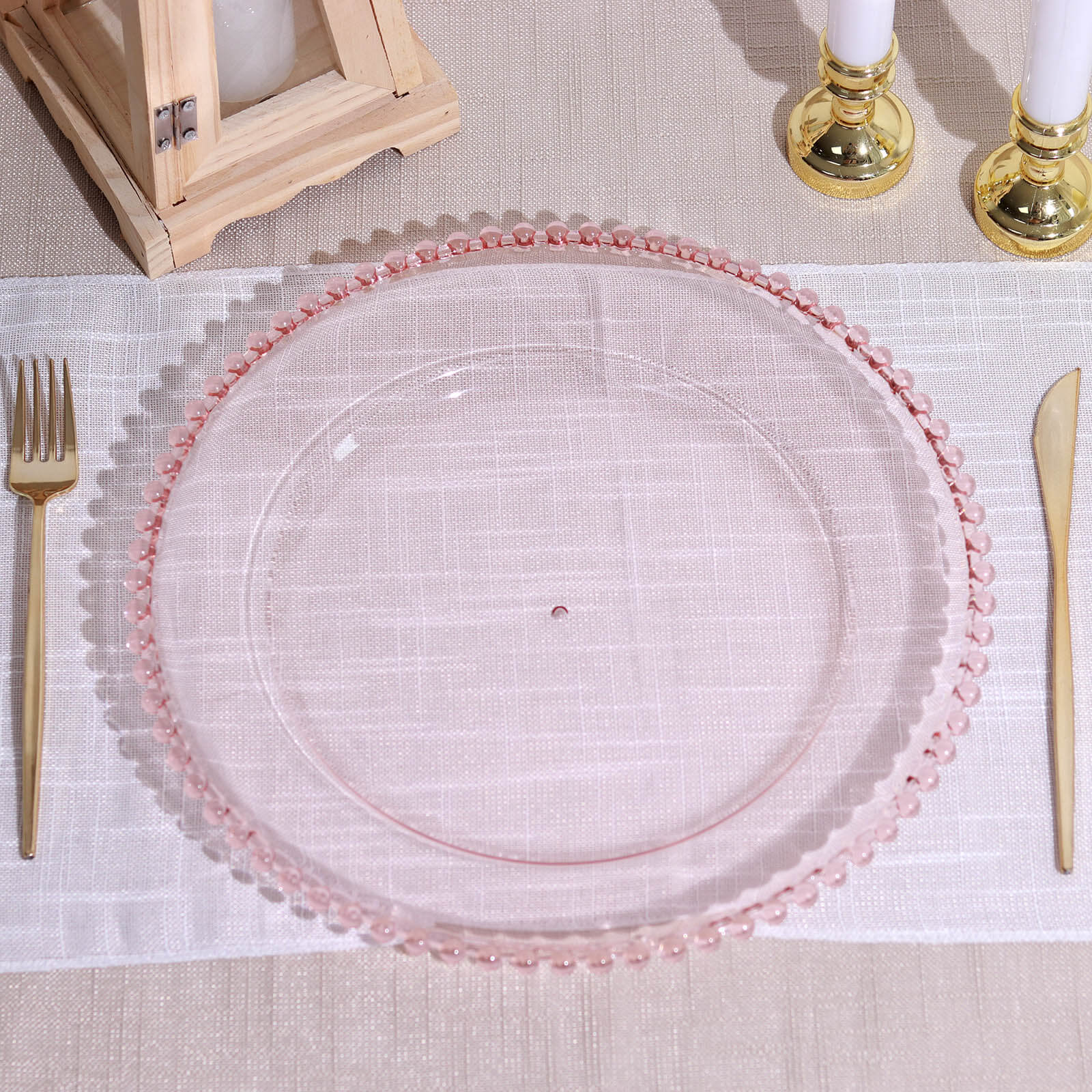 6-Pack Acrylic Round Charger Plates 13 in Transparent Blush with Beaded Rim, Decorative Dinner Party Serving Plates