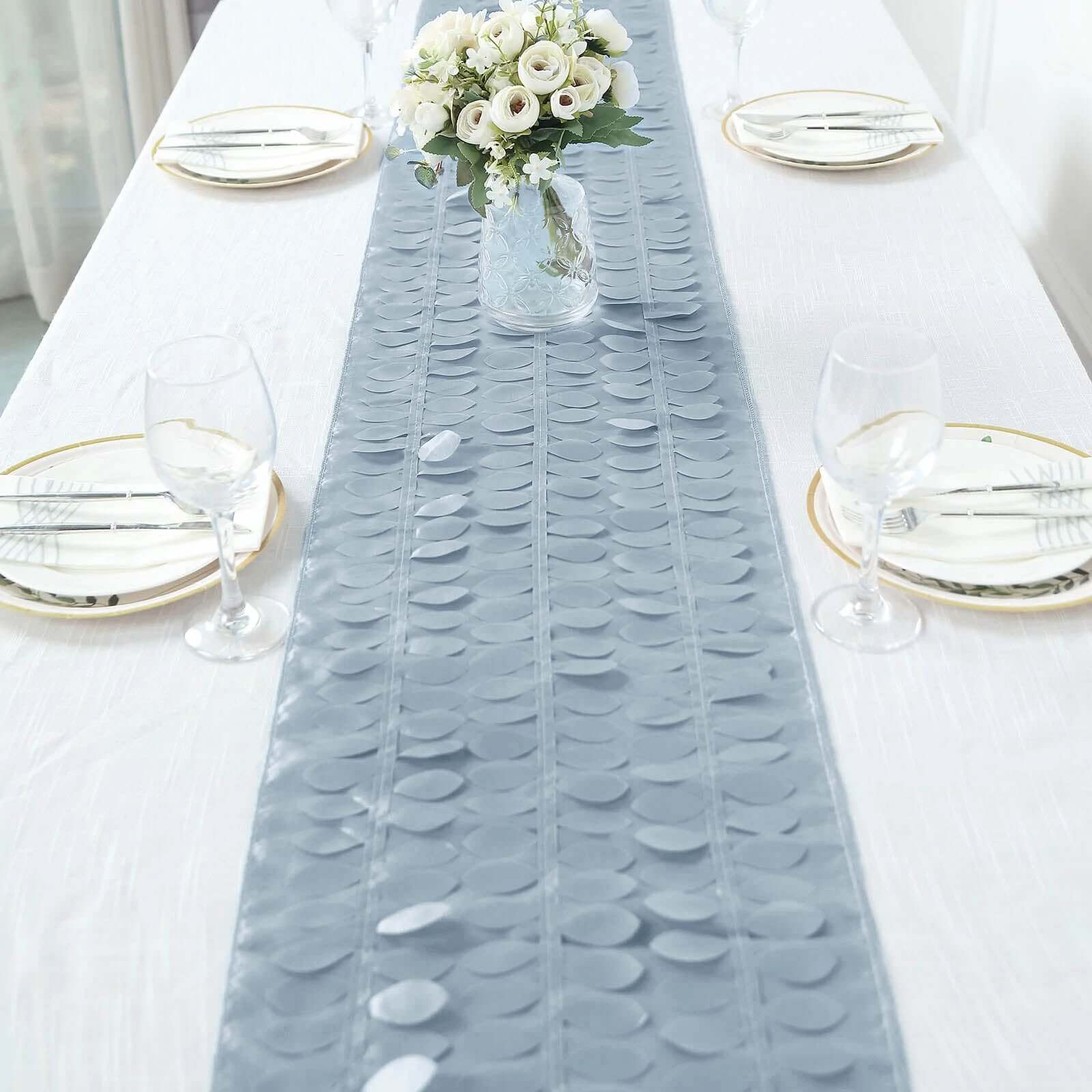 Taffeta Fabric 12x108 Table Runner Dusty Blue - 3D Leaf Petal Design