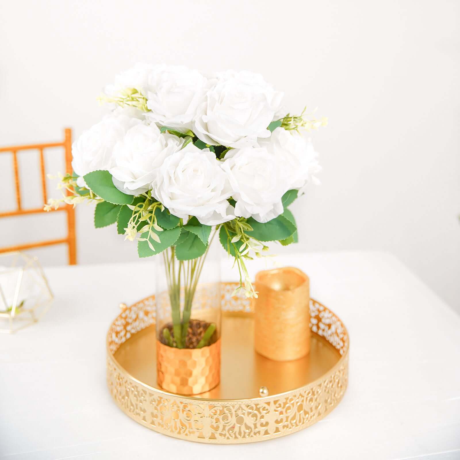 2 Bushes 18 Real Touch White Artificial Rose Flower Bouquet, Silk Long Stem Flower Arrangements