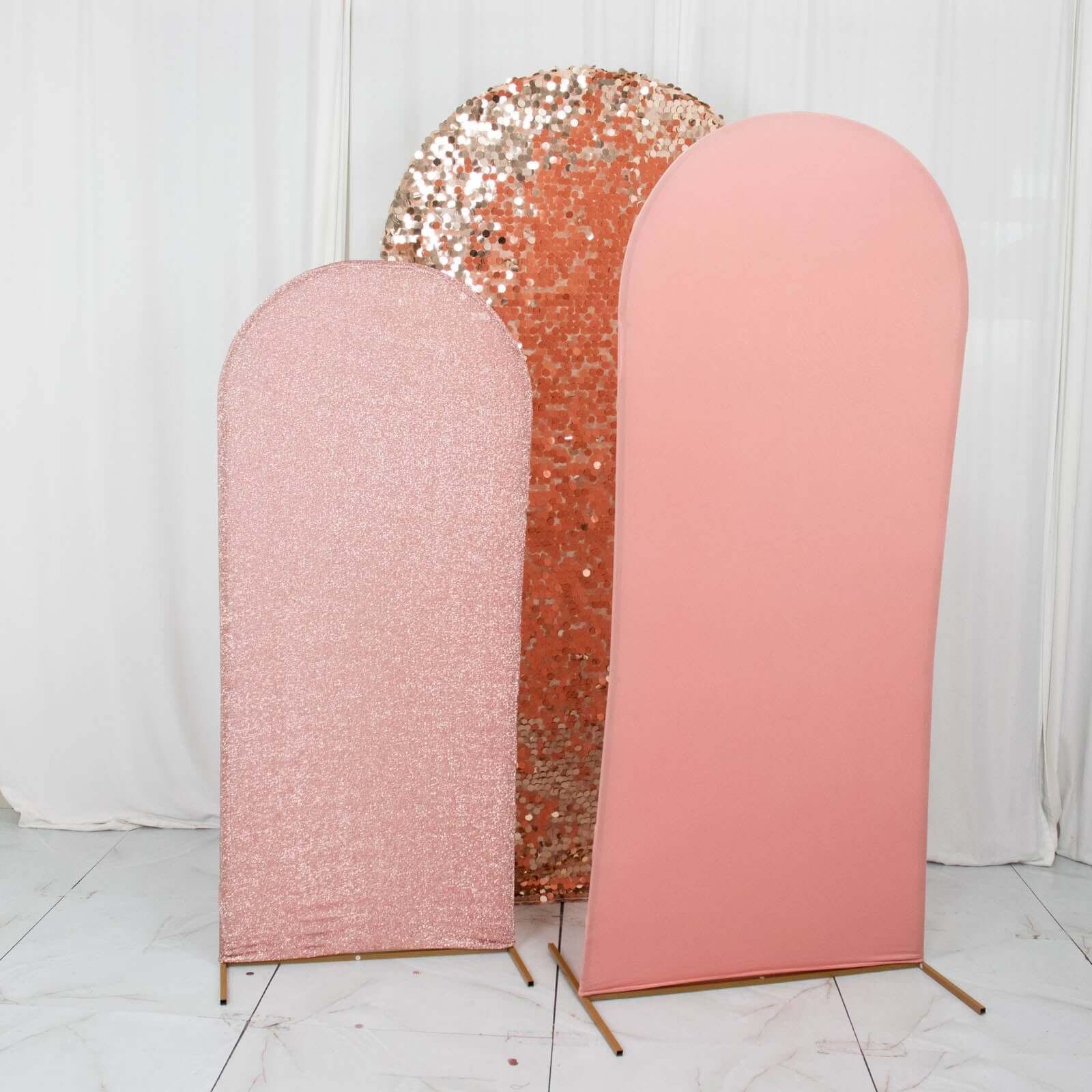 Set of 3 Rose Gold Round Top Fitted Wedding Arch Frame Covers, Big Payette Sequin, Shimmer Tinsel and Matte Spandex Backdrop Stand Covers