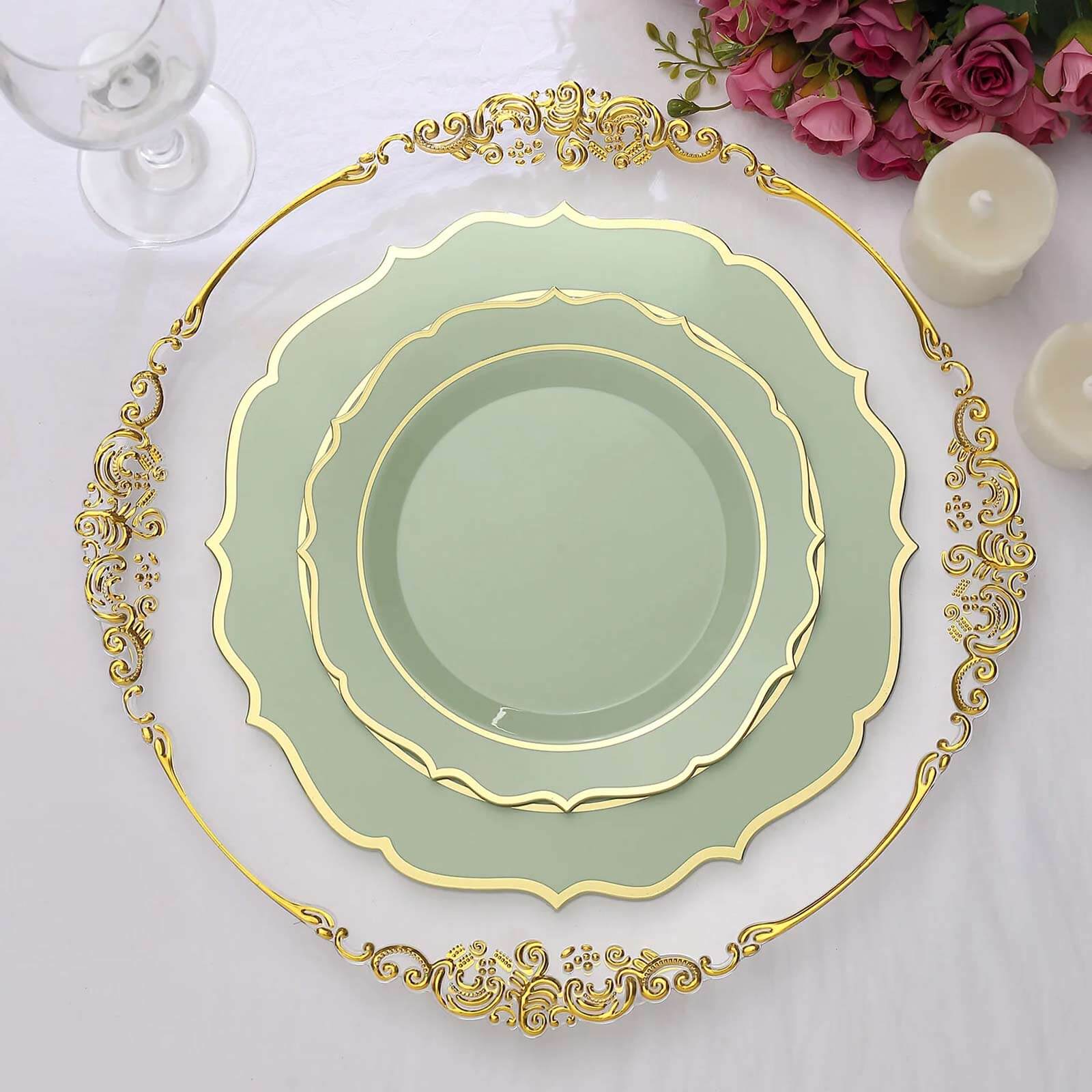 10-Pack Plastic 8 Round Desert Plates in Sage Green with Gold Scalloped Rim - Disposable Appetizer/Salad Plates