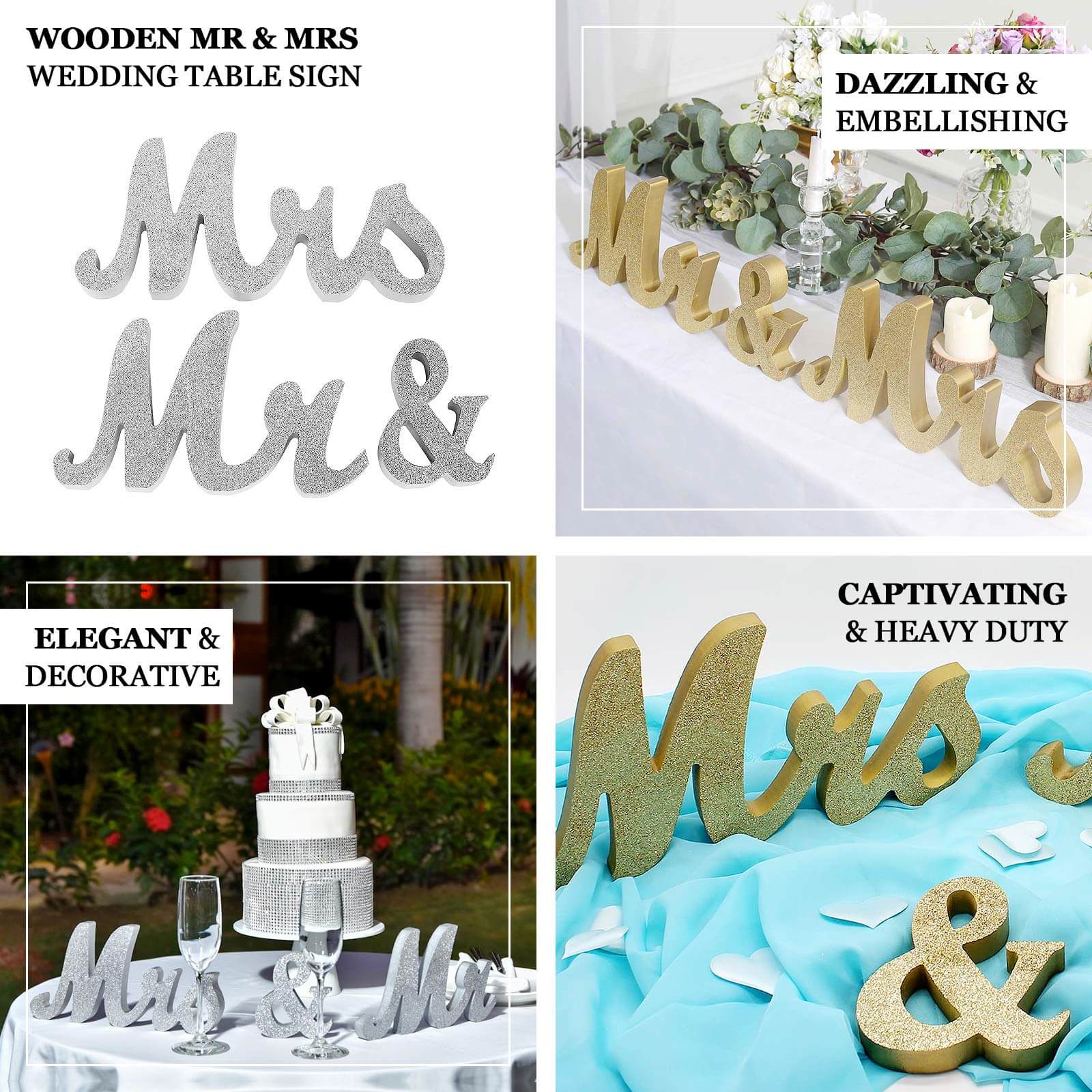 Wooden Mr & Mrs Freestanding Letters Gold Glittered - Rustic Glam Wedding Table Display Signs