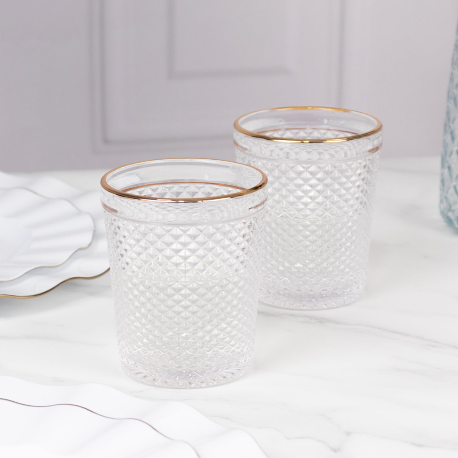 6-Pack Tumbler Glasses Clear Hobnail Design with Gold Rim - Embossed Diamond Pattern Glassware for Drinks & Parties 11oz 4