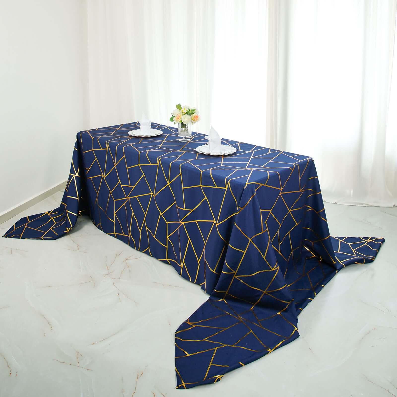 Polyester 90x156 Rectangle Tablecloth Navy Blue Seamless with Gold Foil Geometric Pattern - Wrinkle-Resistant Seamless Table Cover for Sophisticated Events