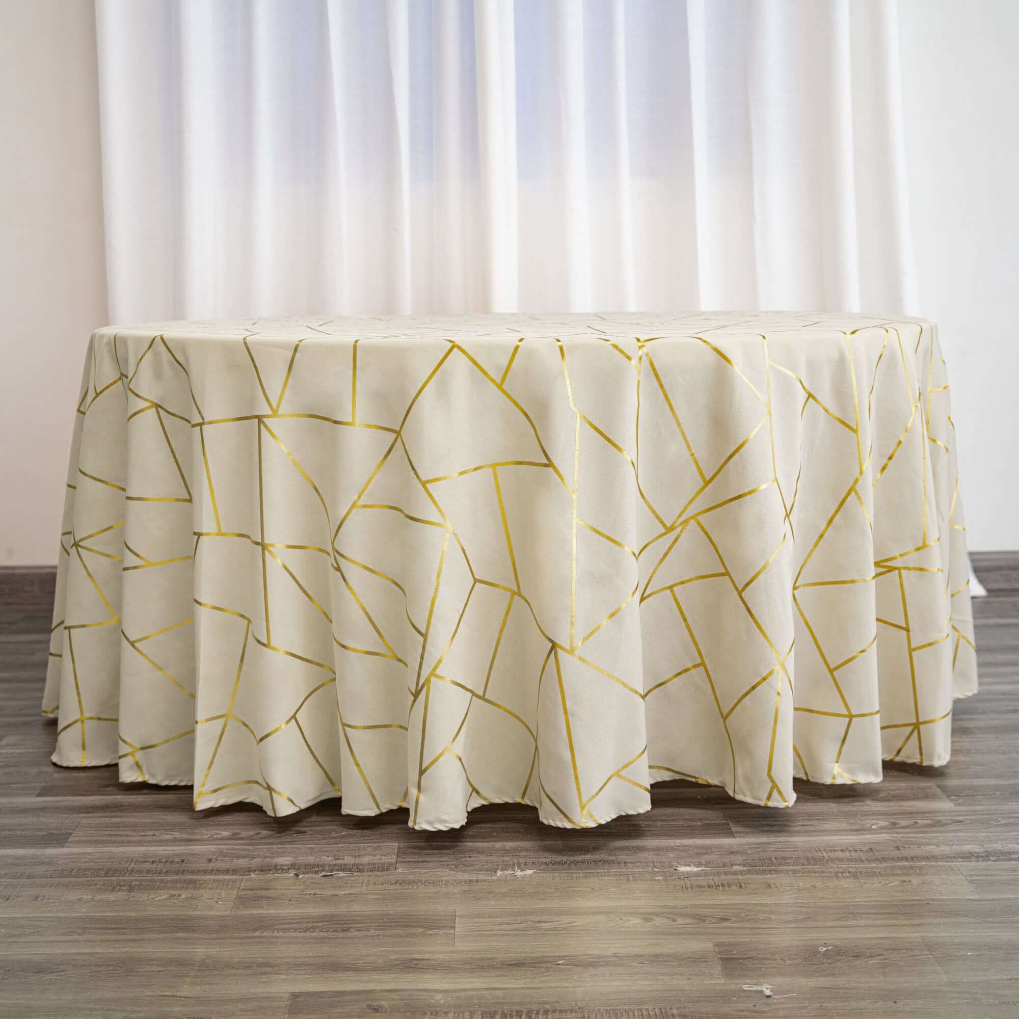 Polyester 120 Round Tablecloth Beige with Gold Foil Geometric Pattern Wrinkle-Resistant Seamless Table Cover