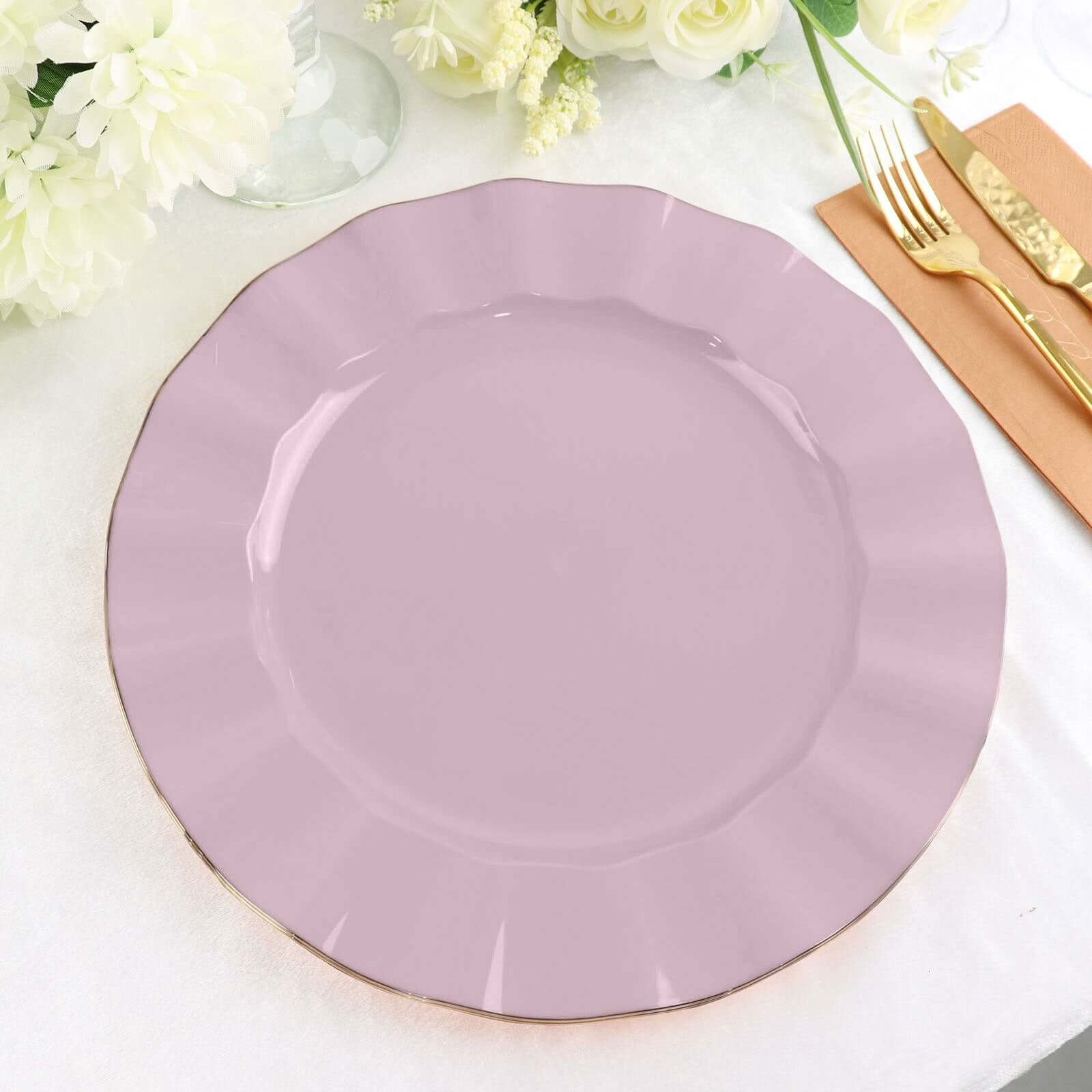 10-Pack Plastic 11 Round Dinner Plates in Lavender Lilac Ruffled Rim with Gold Edging - Sturdy Disposable Dinnerware