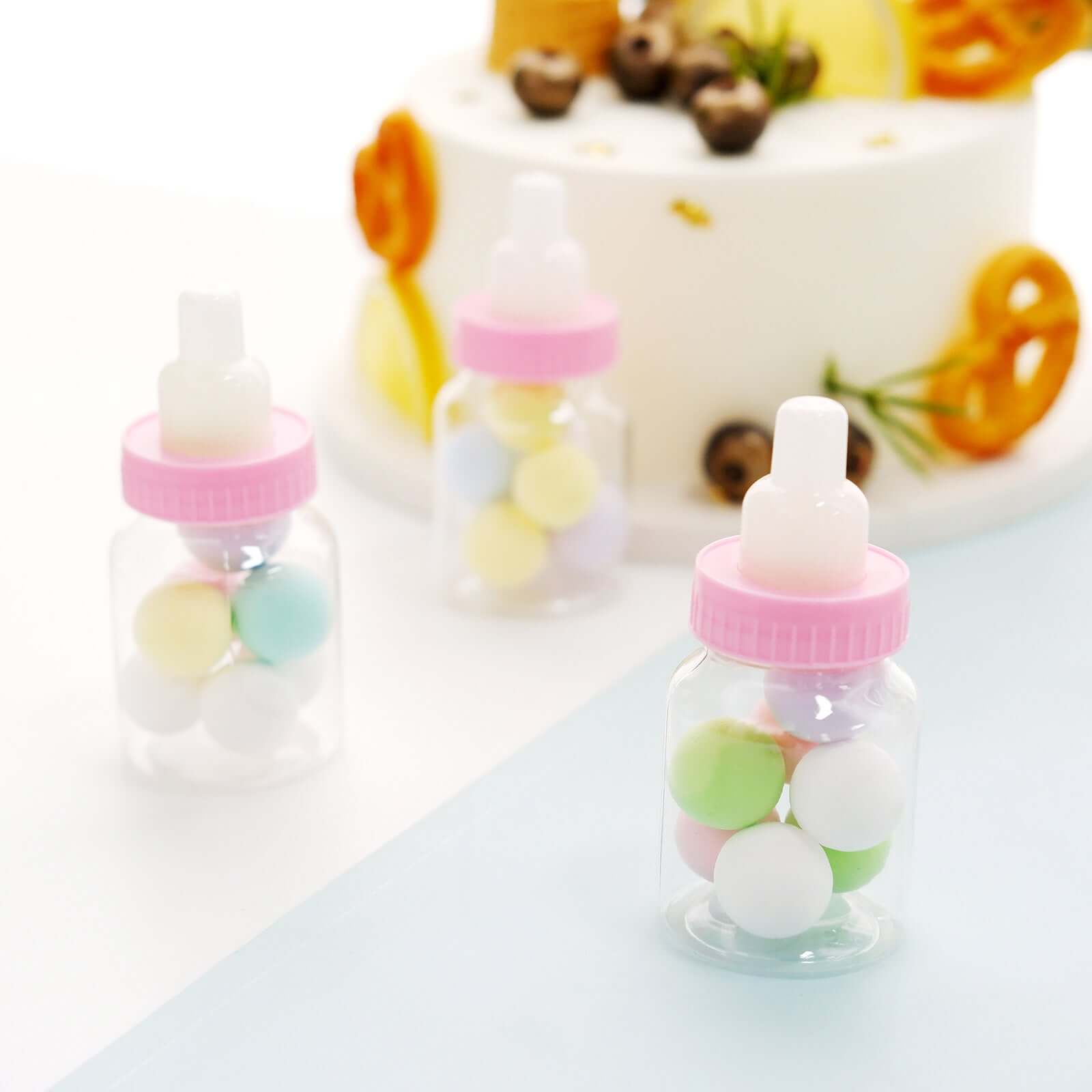 12-Pack Fillable Mini Candy Container in Baby Bottle Style Clear/Pink - Candy Treat Favor Boxes for Baby Showers 3.5