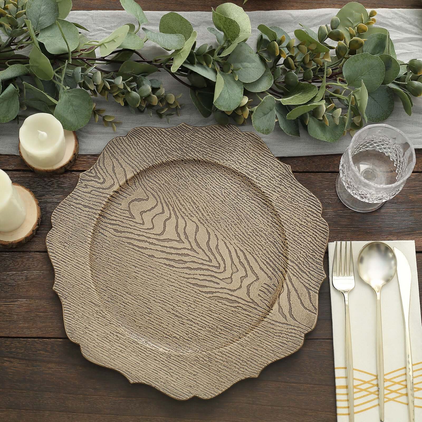 6-Pack Acrylic Round Charger Plates 13 in Rustic Natural with Wood Grain Scalloped Rim, Decorative Dinner Party Charger Tableware