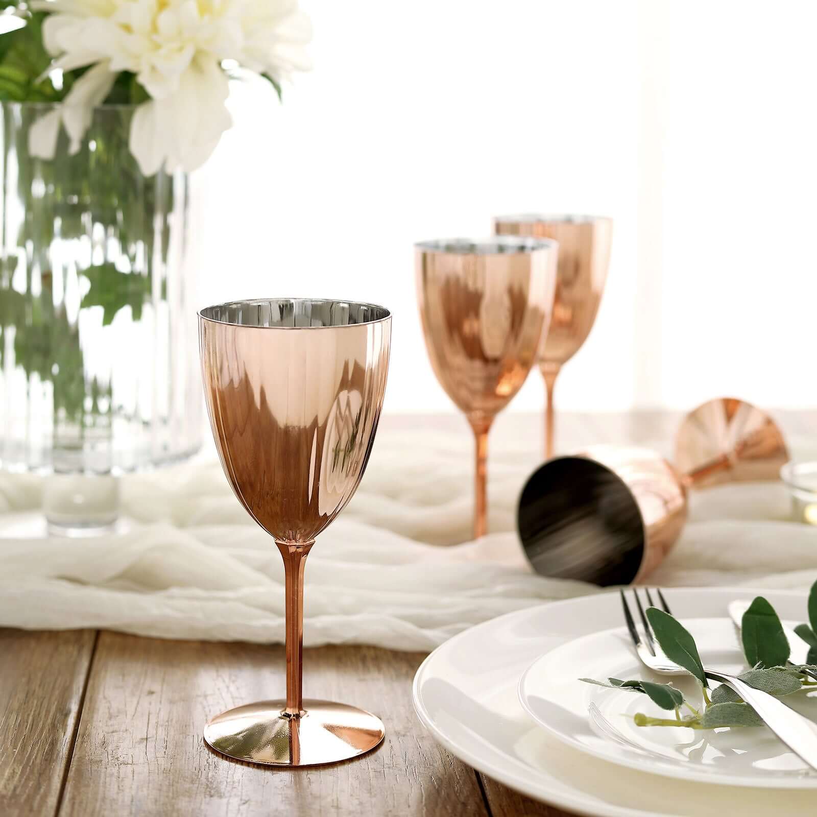 6-Pack Plastic Wine Glasses in Metallic Rose Gold - Classy Disposable Goblets for Parties, Receptions & Banquets 8oz