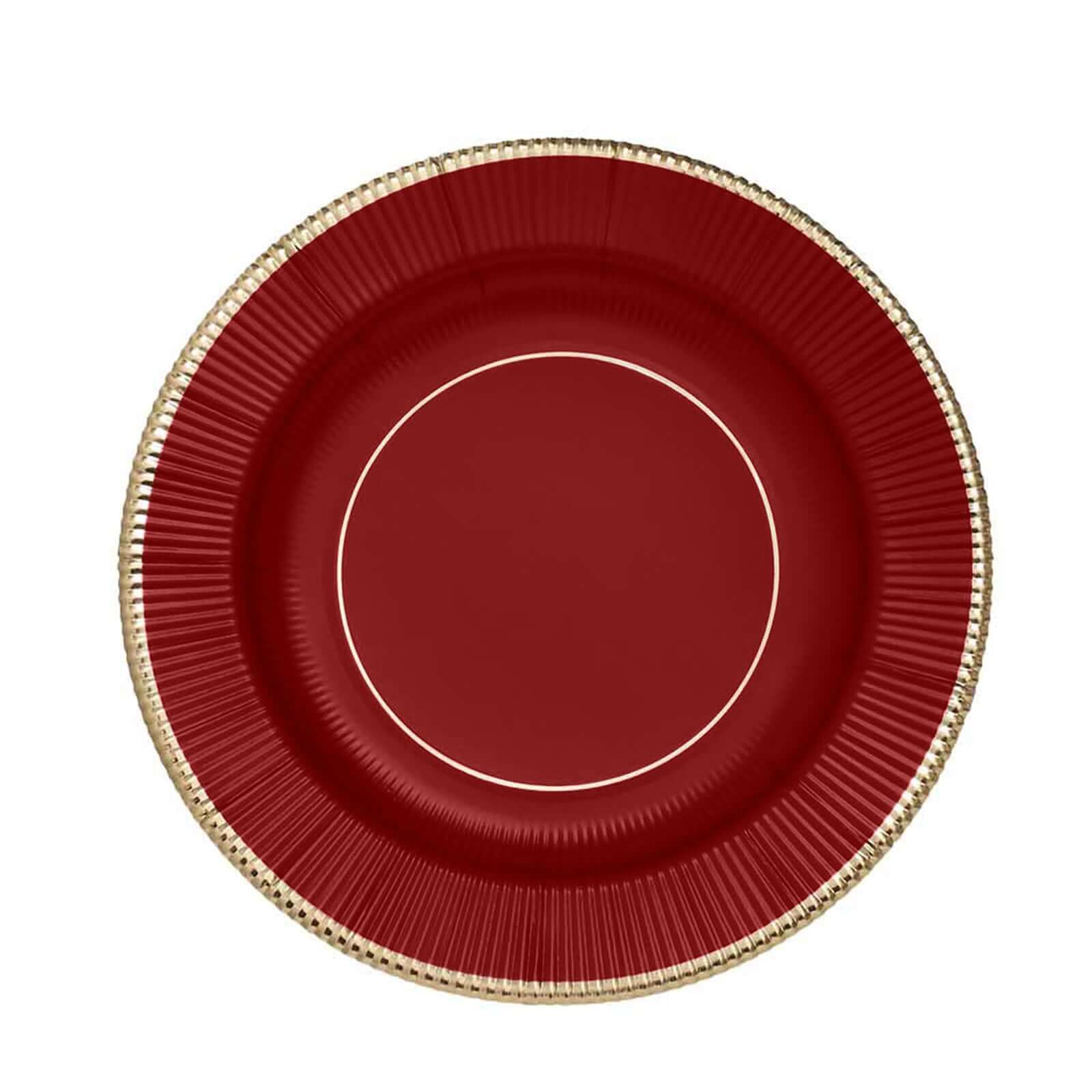 25-Pack Paper 8 Round Dessert Plates in Burgundy Sunray Design with Gold Rim - Disposable Heavy Duty 350GSM Appetizer Salad Plates