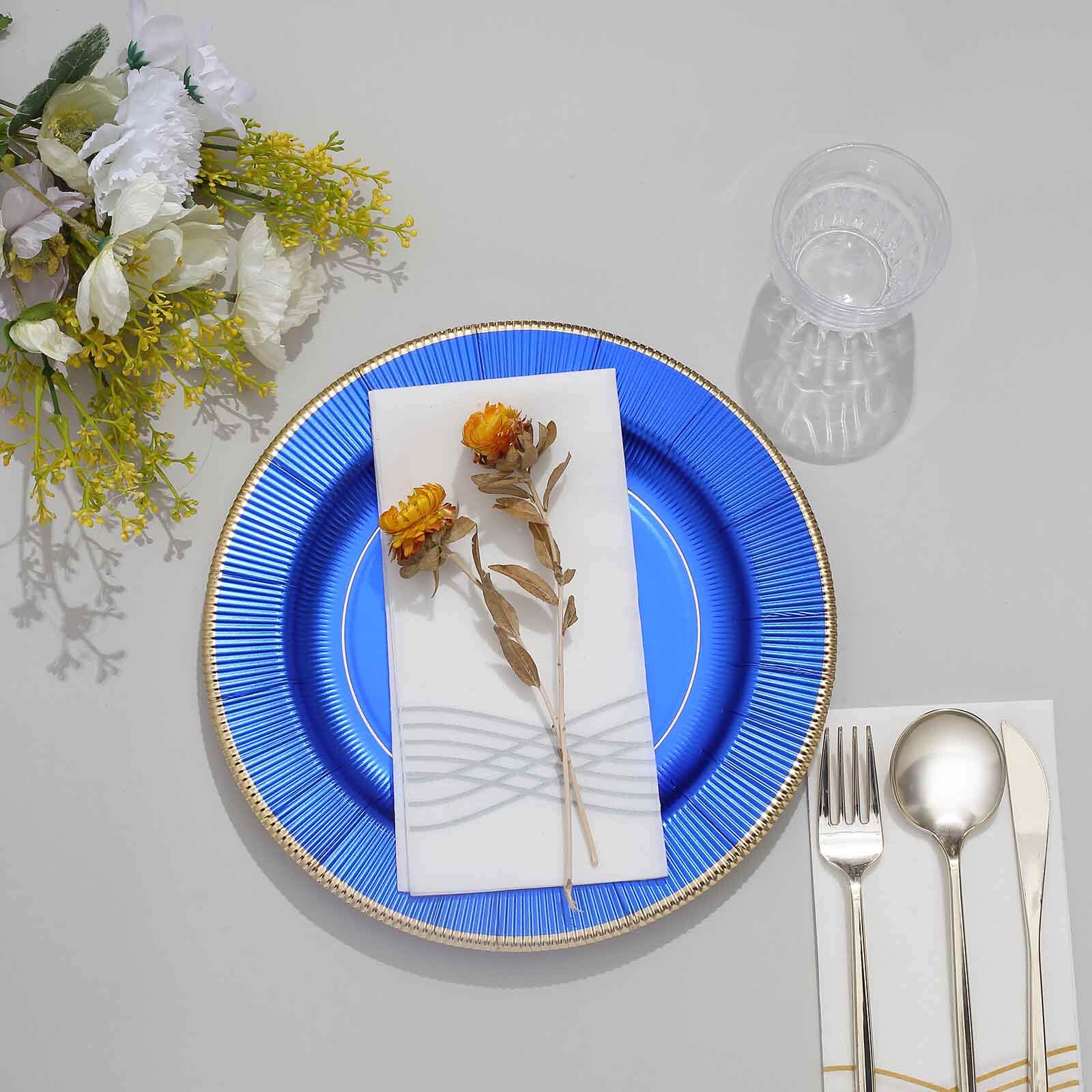 25-Pack Paper 10 Round Dinner Plates in Royal Blue Sunray Design with Gold Rim - Disposable Heavy Duty 350GSM Party Plates