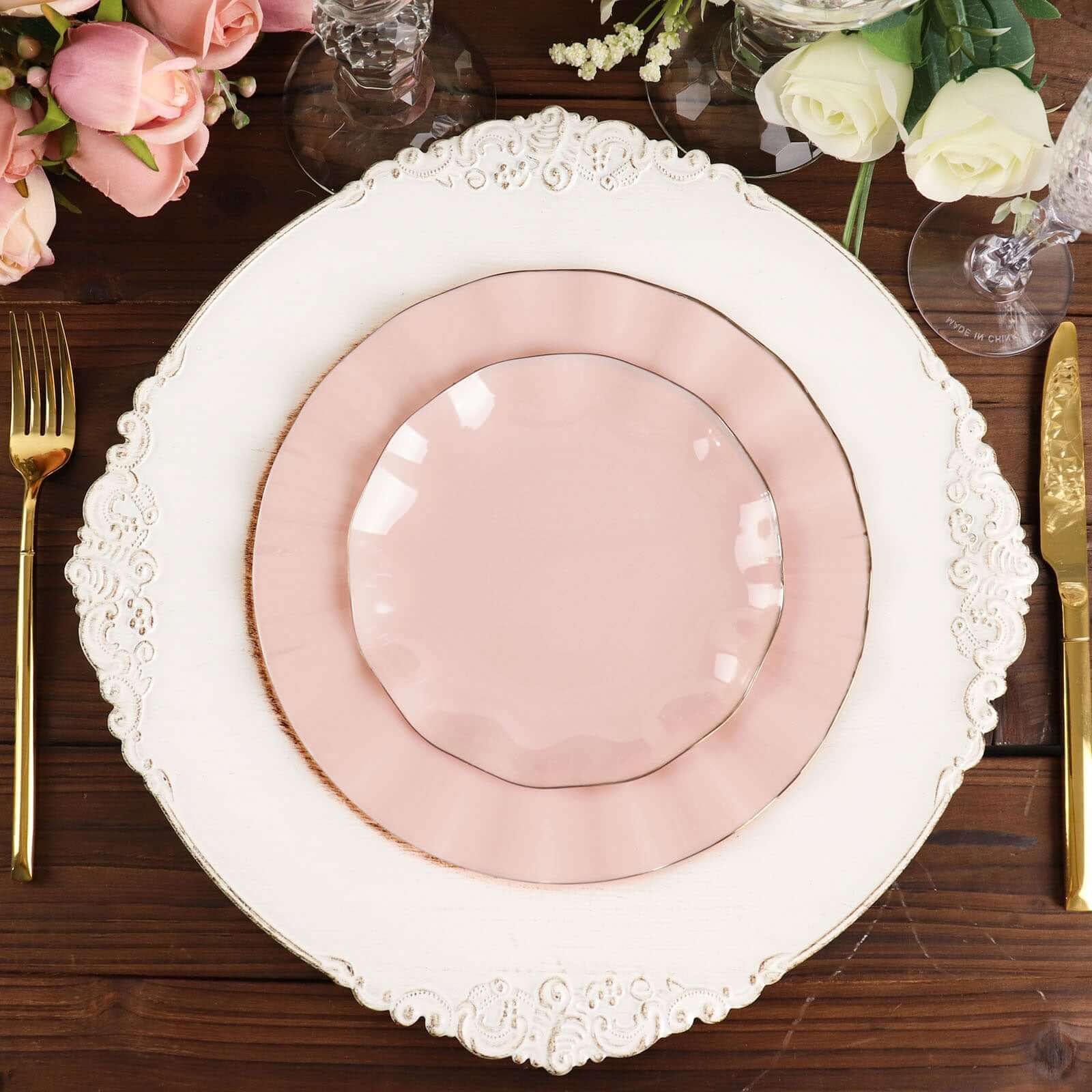 10-Pack Plastic Round 6 Dessert Plates in Blush Ruffled Rim with Gold Edging - Sturdy Disposable Salad Appetizer Dinnerware