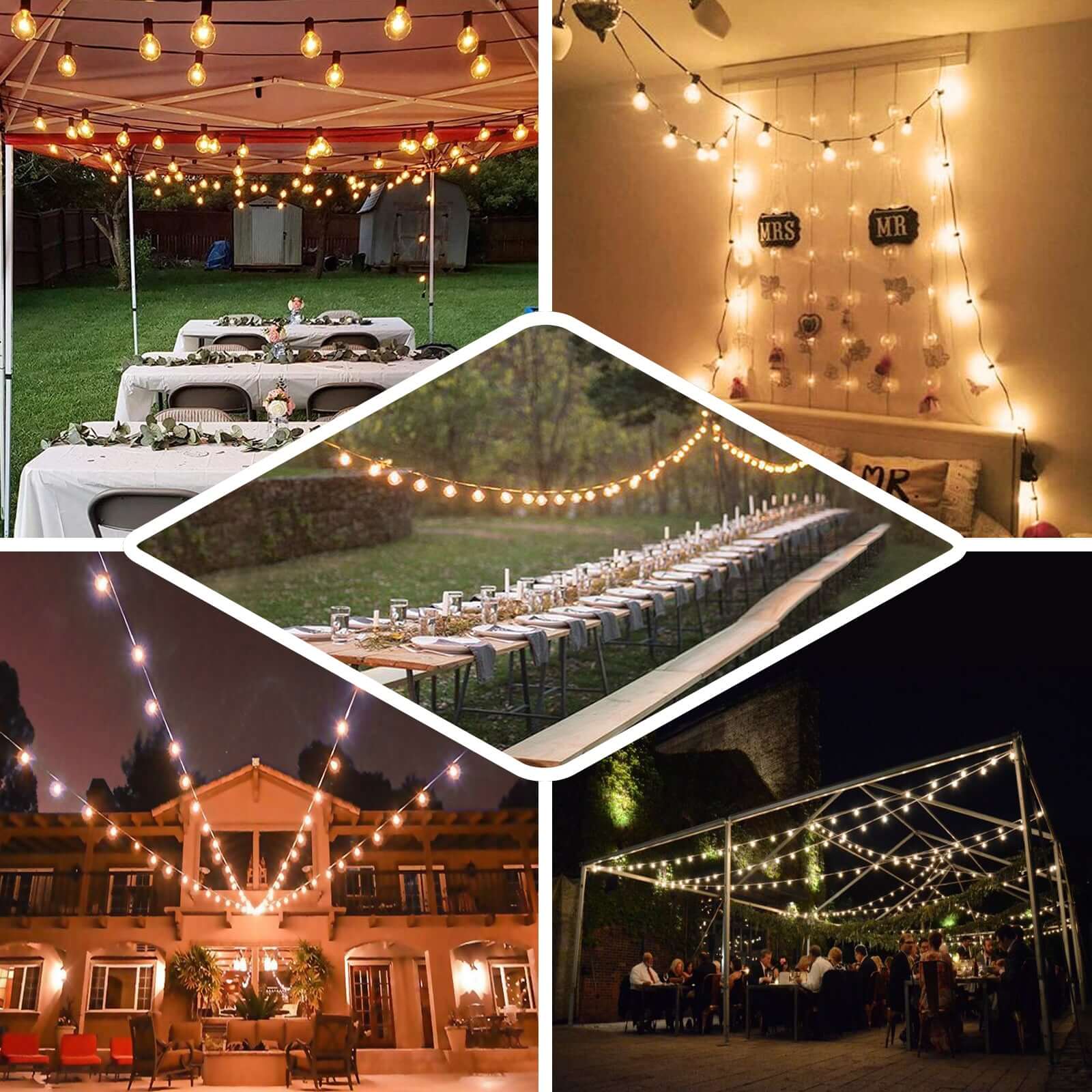 25ft Warm White Connectable Hanging Outdoor or Indoor String Lights, Waterproof 120V With 28 Incandescent Glass Light Bulbs