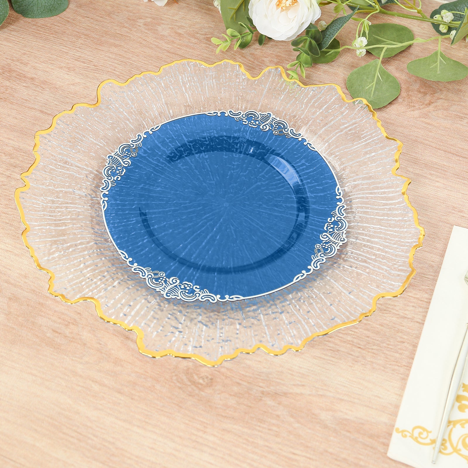 10-Pack Plastic 8 Round Dessert Plates in Transparent Navy Blue with Silver Leaf Embossed Rim - Disposable Vintage Baroque Style Salad Plates