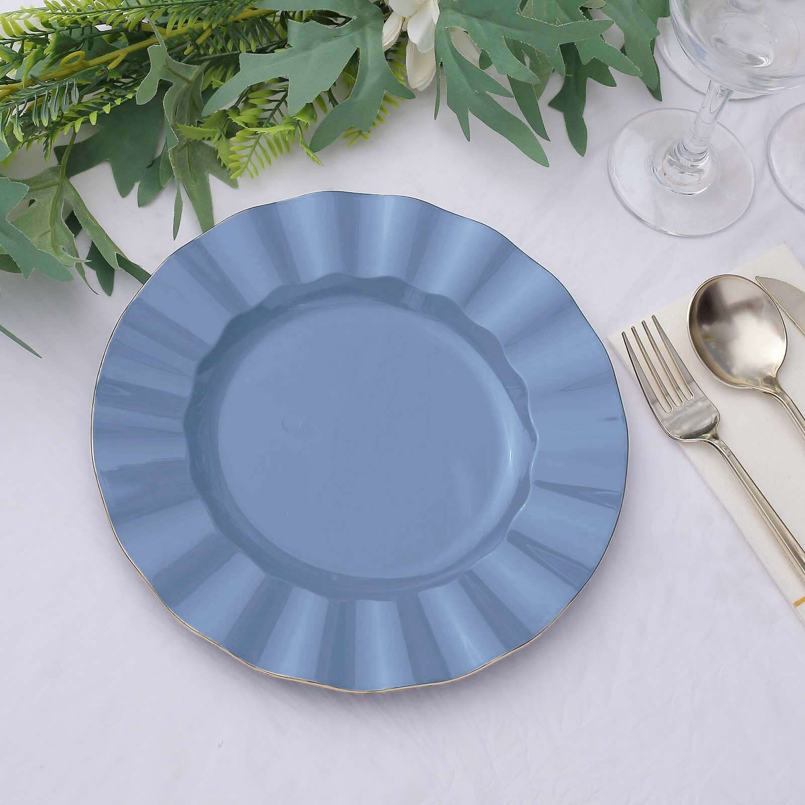 10-Pack Plastic 9 Round Dinner Plates in Ocean Blue Ruffled Rim with Gold Edging - Sturdy Disposable Dinnerware