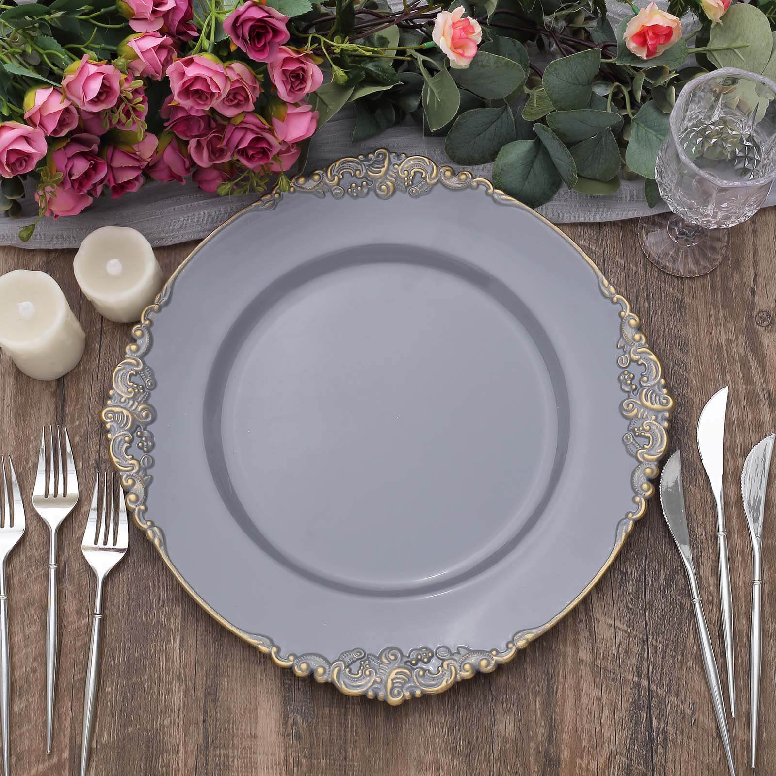 6-Pack Acrylic Round Charger Plates 13 in Charcoal Gray with Gold Embossed Baroque Rim, Antique Decorative Dinner Party Charger Tableware