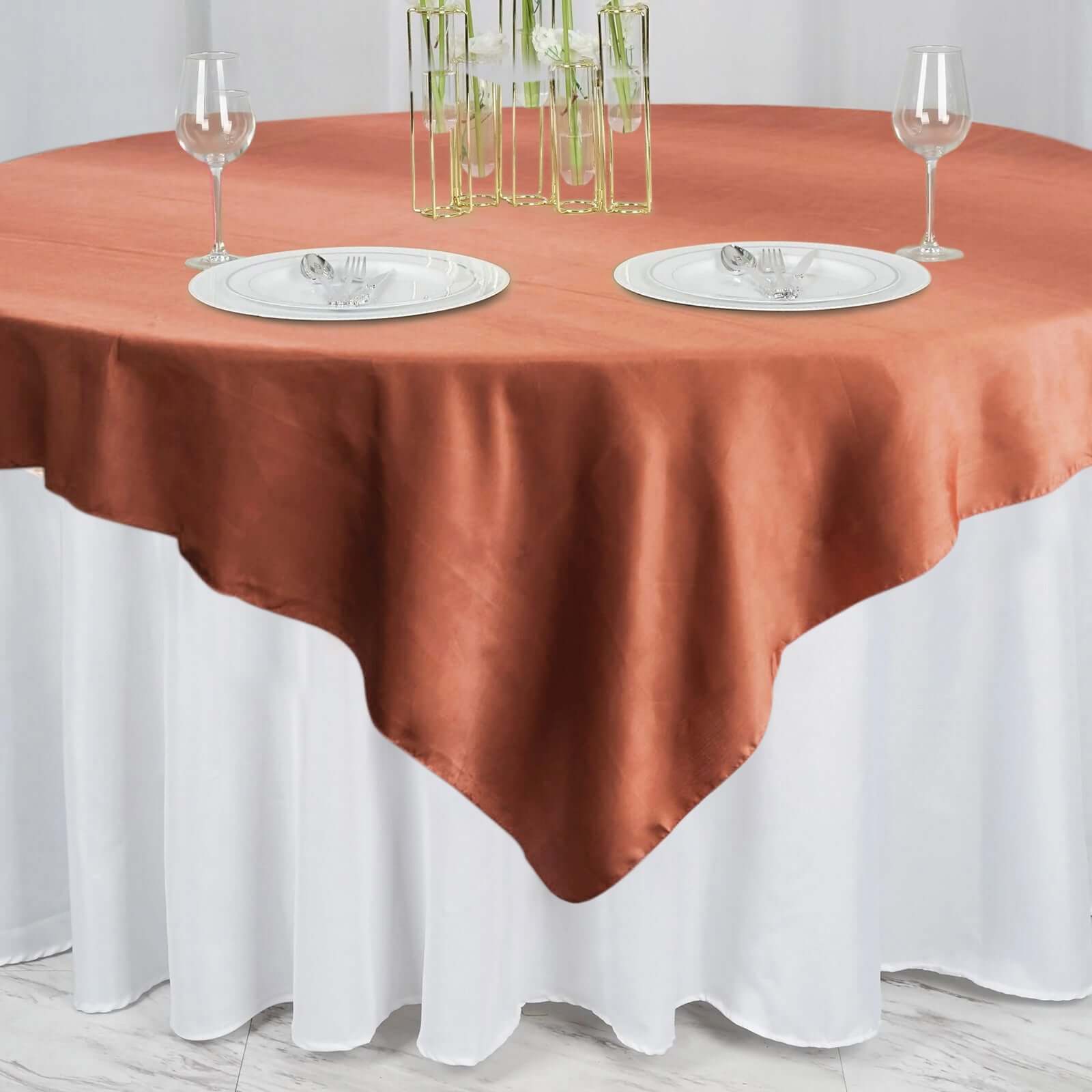 Satin 72x72 Table Overlay Square Tablecloth Terracotta (Rust) - Smooth Finish Table Cover