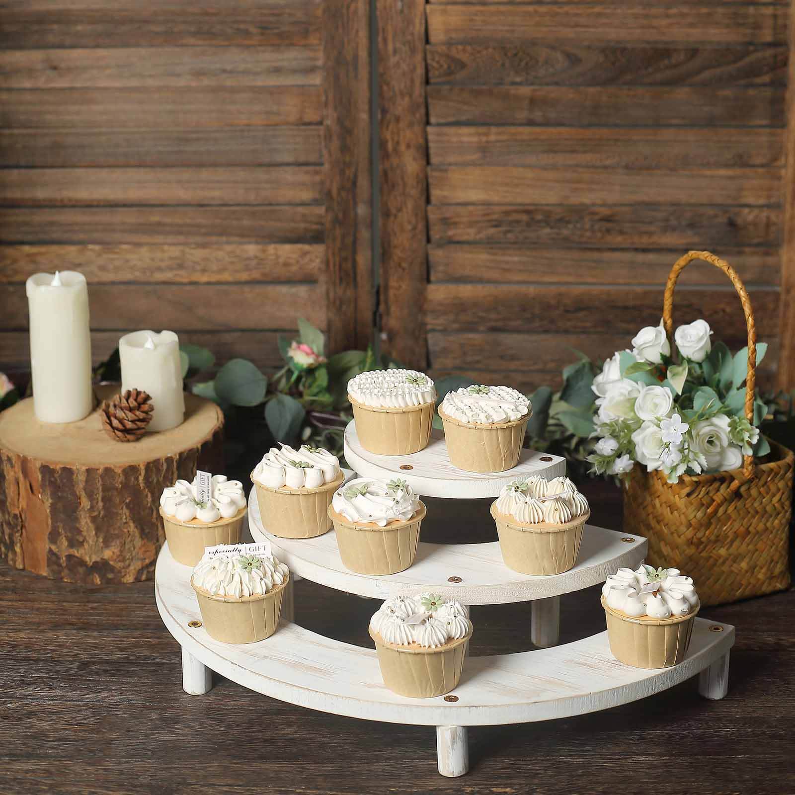 Set of 3 Wooden Dessert Pedestals Rustic Whitewashed 3-Tier Semicircle Design - Half Moon Cupcake Display Risers 7, 13, 18