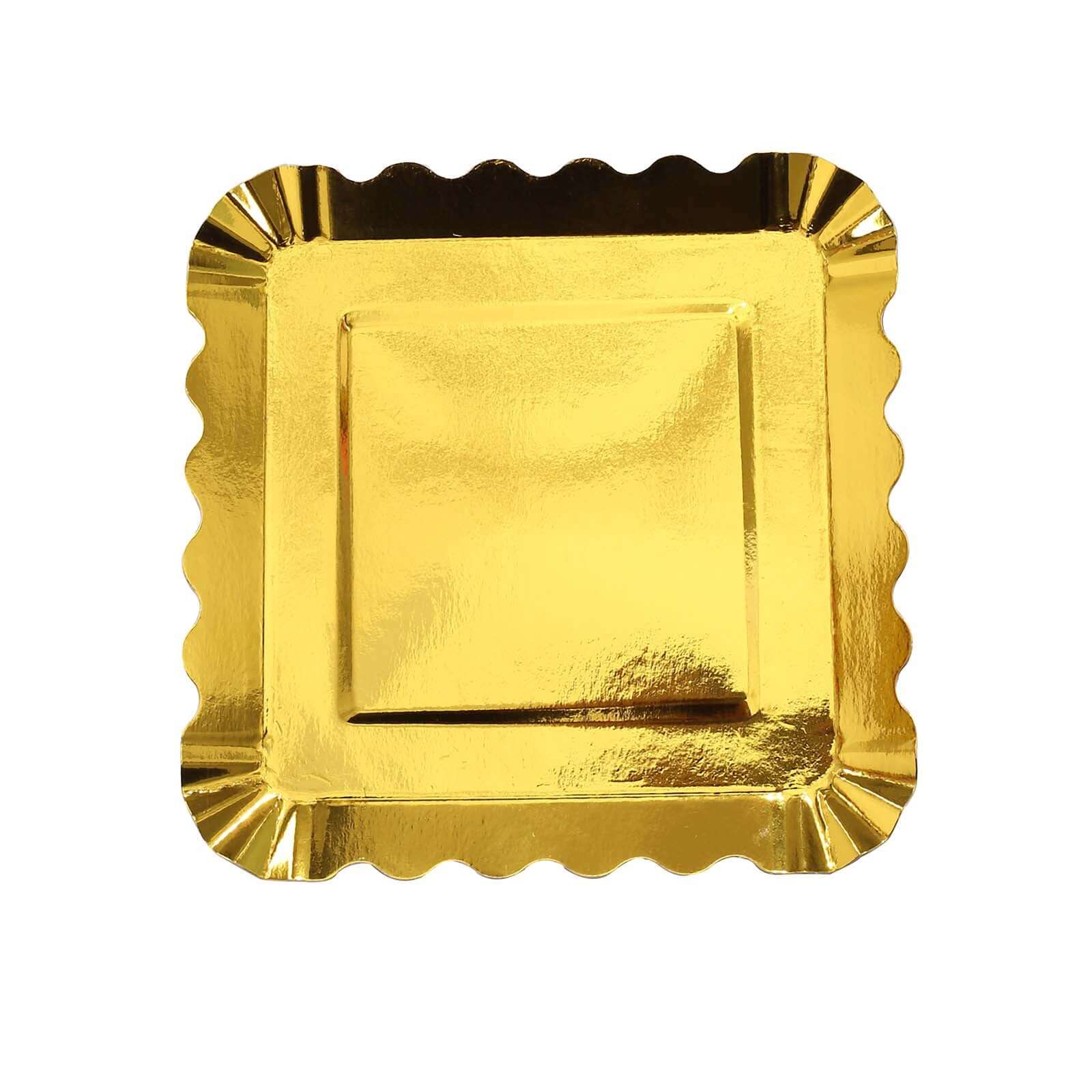 50-Pack Paper 5 Square Dessert Plates in Gold Foil with Scalloped Rim - Disposable Appetizer Plates for for Glam Gatherings & Special Occasions