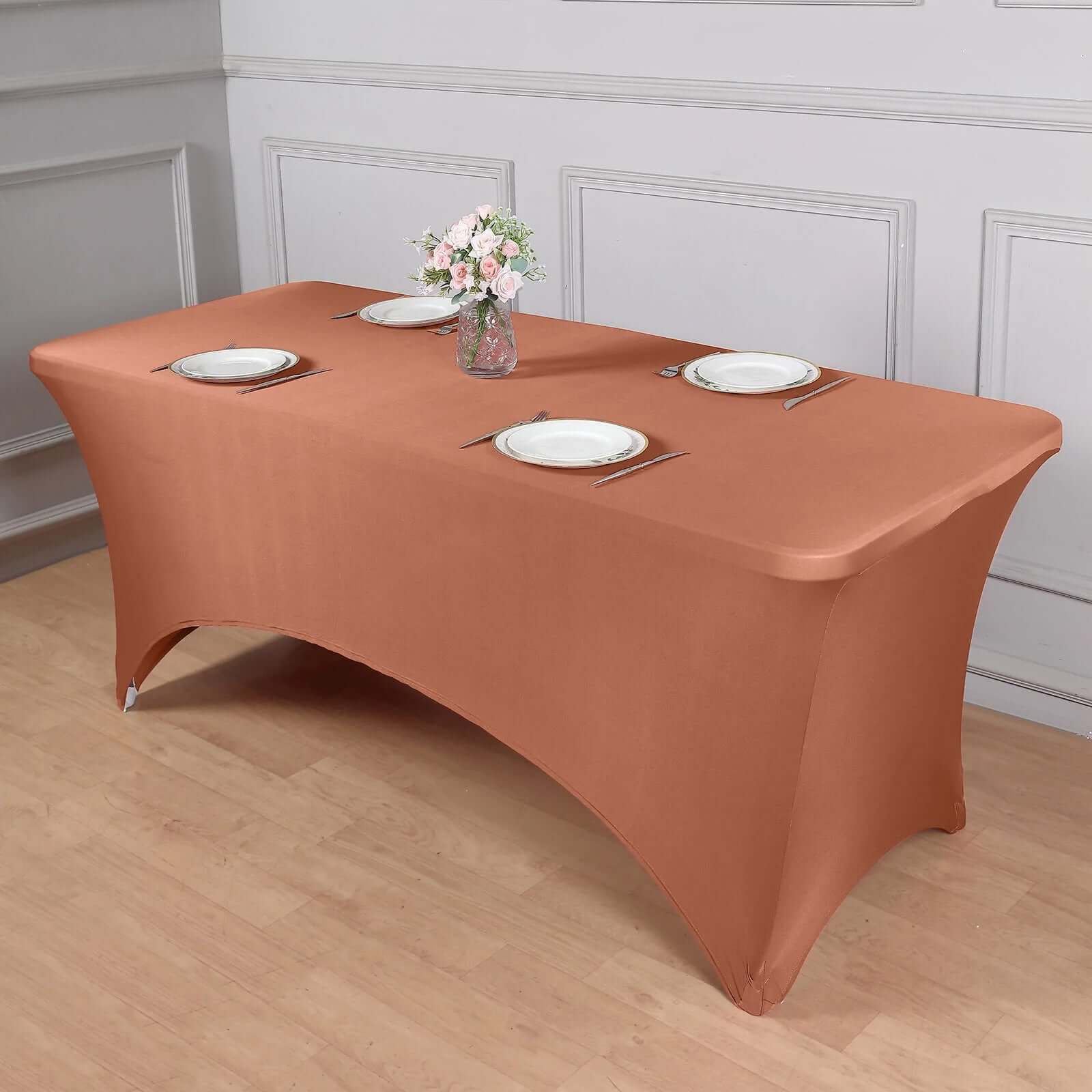 Stretch Spandex 6ft Rectangle Tablecloth Terracotta (Rust) - Durable Form-Fitting Table Cover